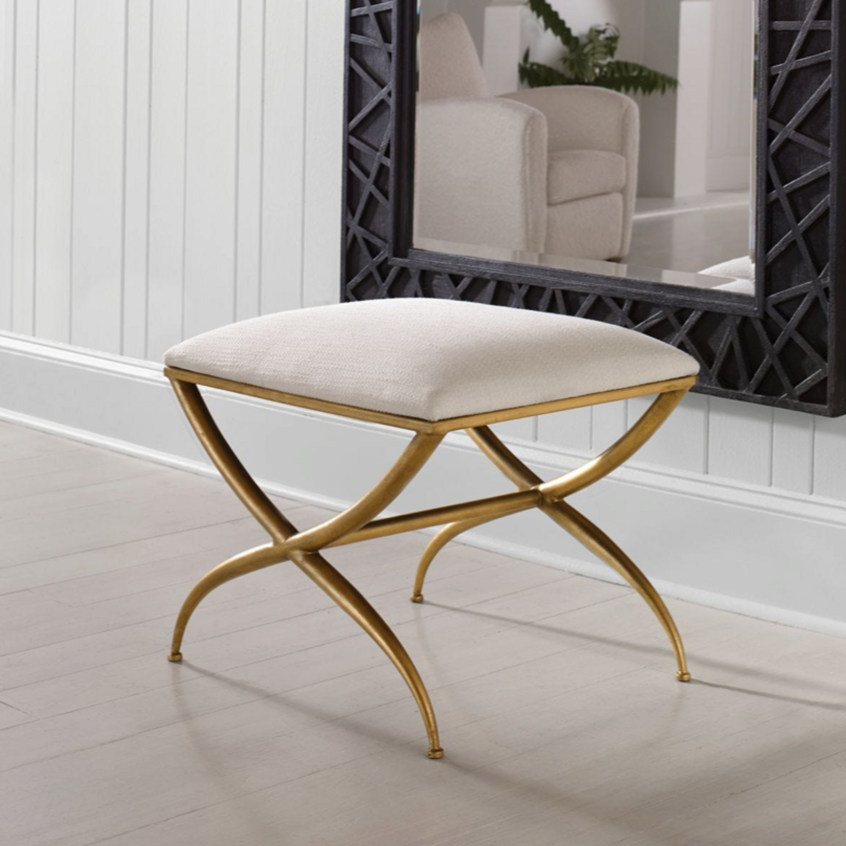 Outside The Box 24x20x18 Crossing White Upholstered Fabric With Antique Gold Frame Bench