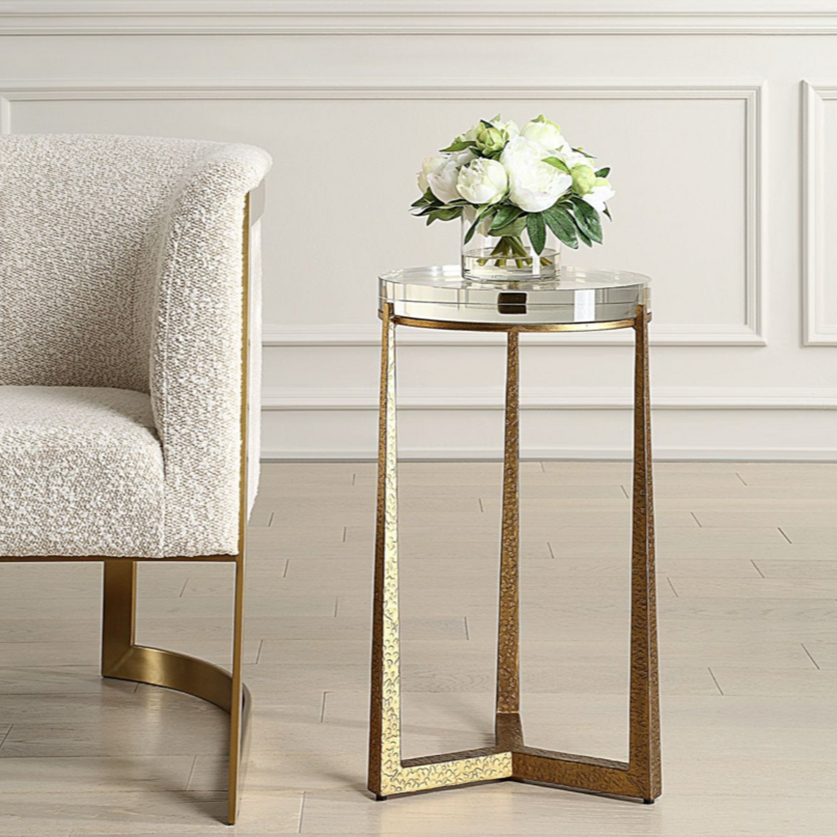 Outside The Box 24x14 Midas Crystal Top & Antique Gold Round Accent Table
