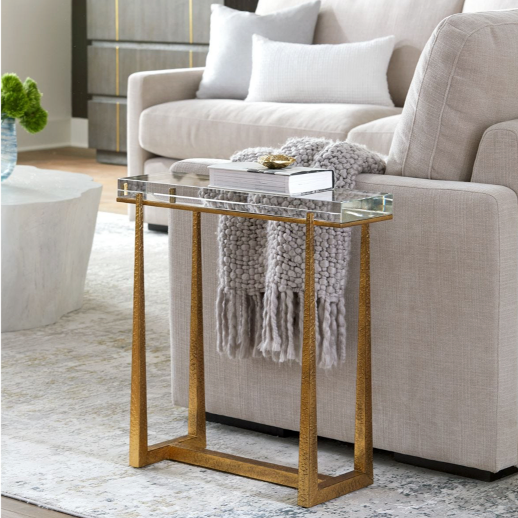 Outside The Box 24x9x24 Midas Rectangle Crystal Top & Antique Gold Accent Table