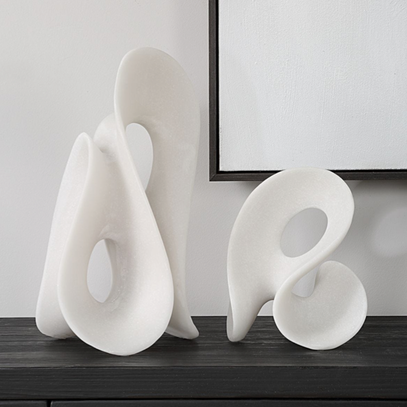 Outside The Box 15" & 9" Set of 2 Silent Wave White Curves Man-Made Stone Sculpture