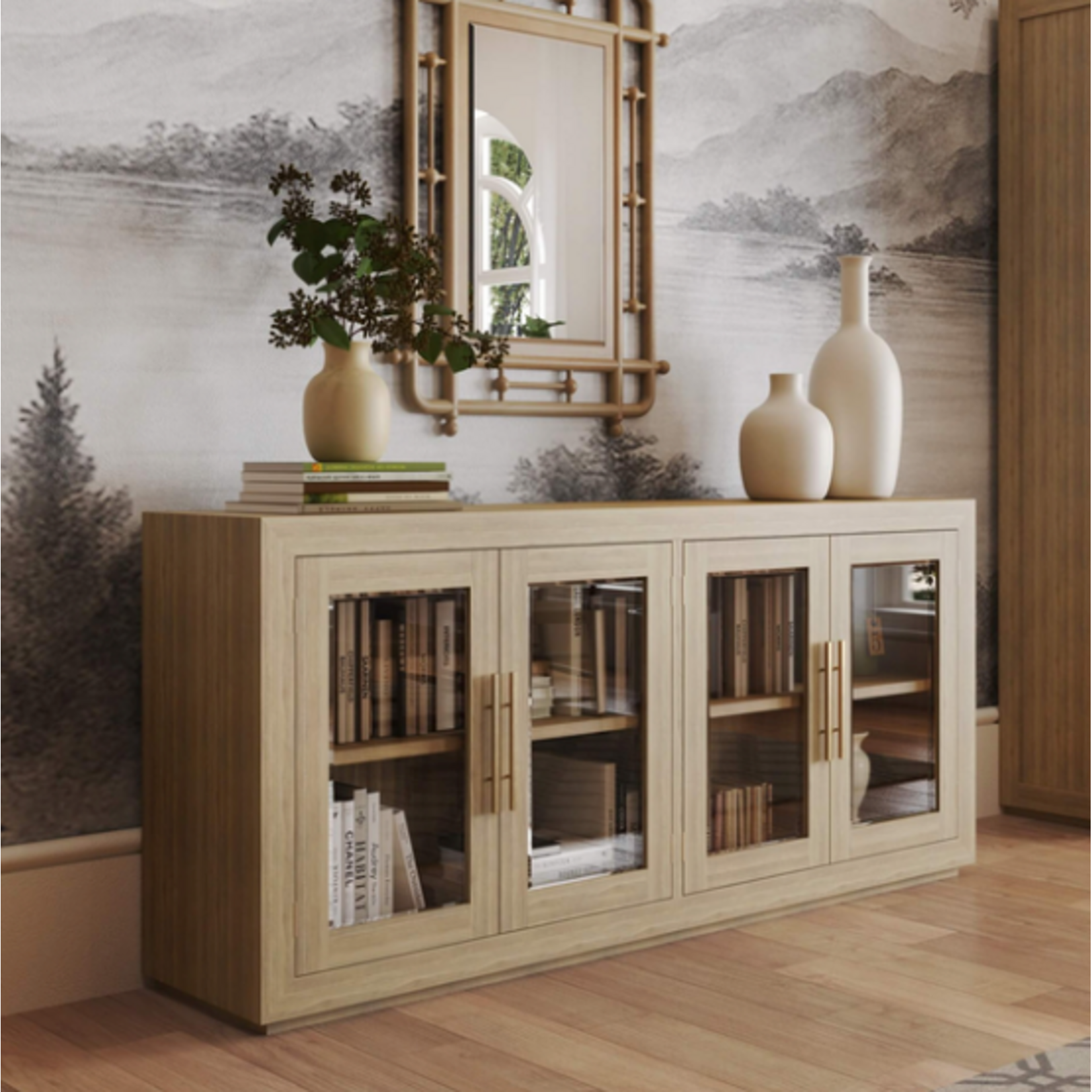 Outside The Box 79x17x36 Tuscan Rustic Weathered Distressed Teak Wood 4 Glass Door Sideboard In Natural - TNT