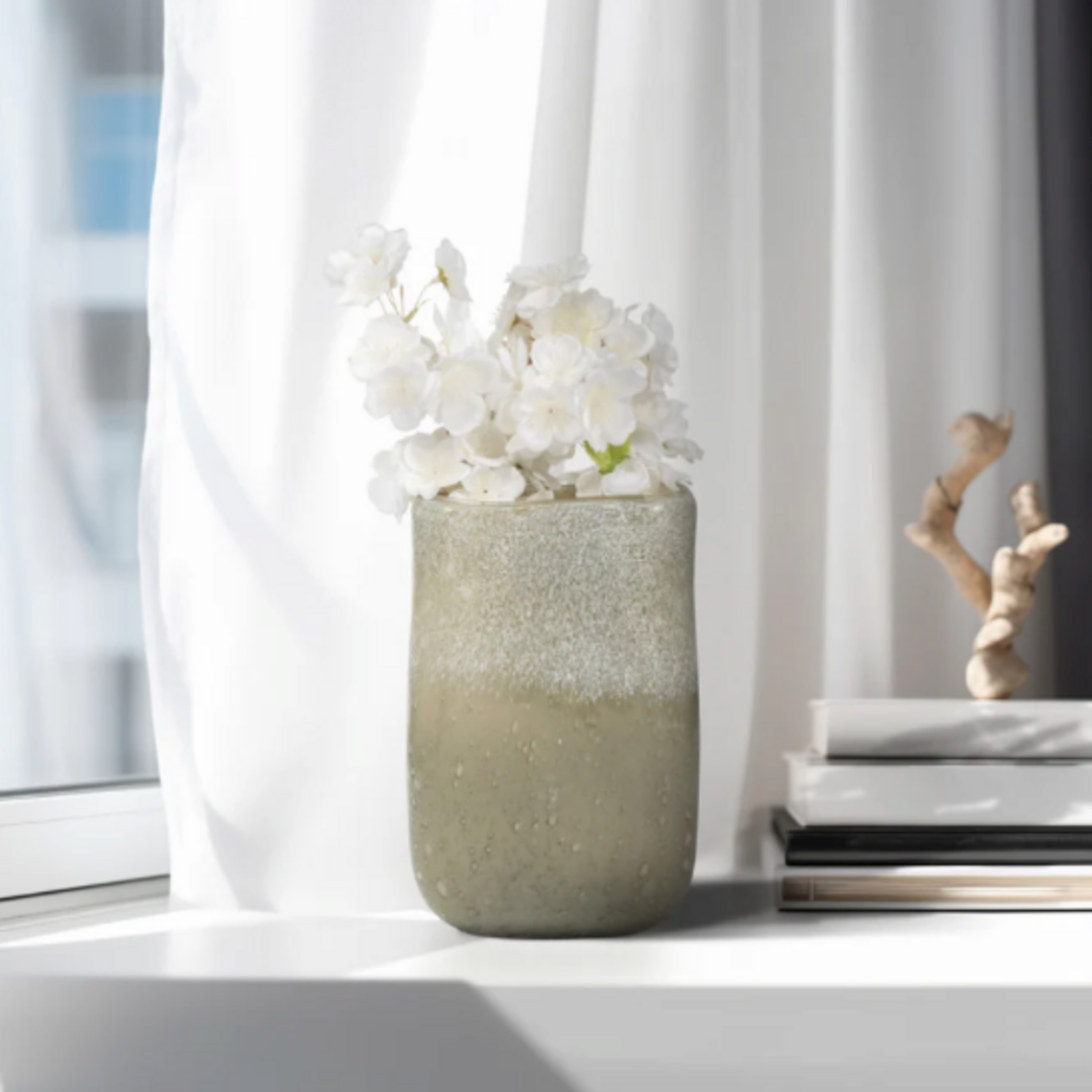 Outside The Box 10" Mia Olive Green & White Frost Glass Vase