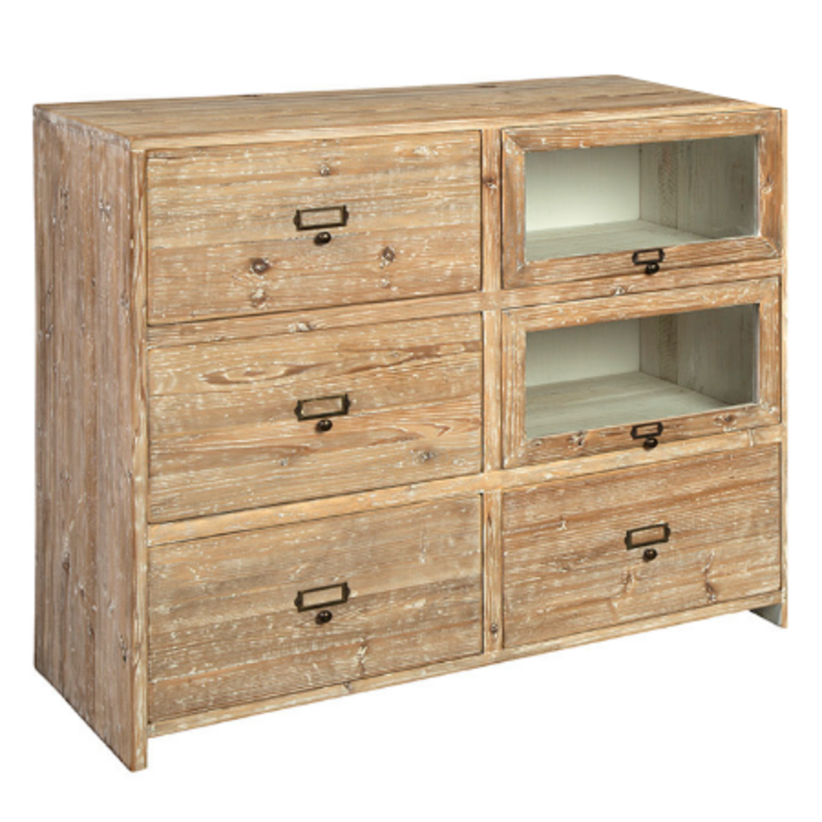 Outside The Box 42x19x36 Apothecary Reclaimed Fir Wood 4 Drawer & 2 Glass Display Drawers Chest