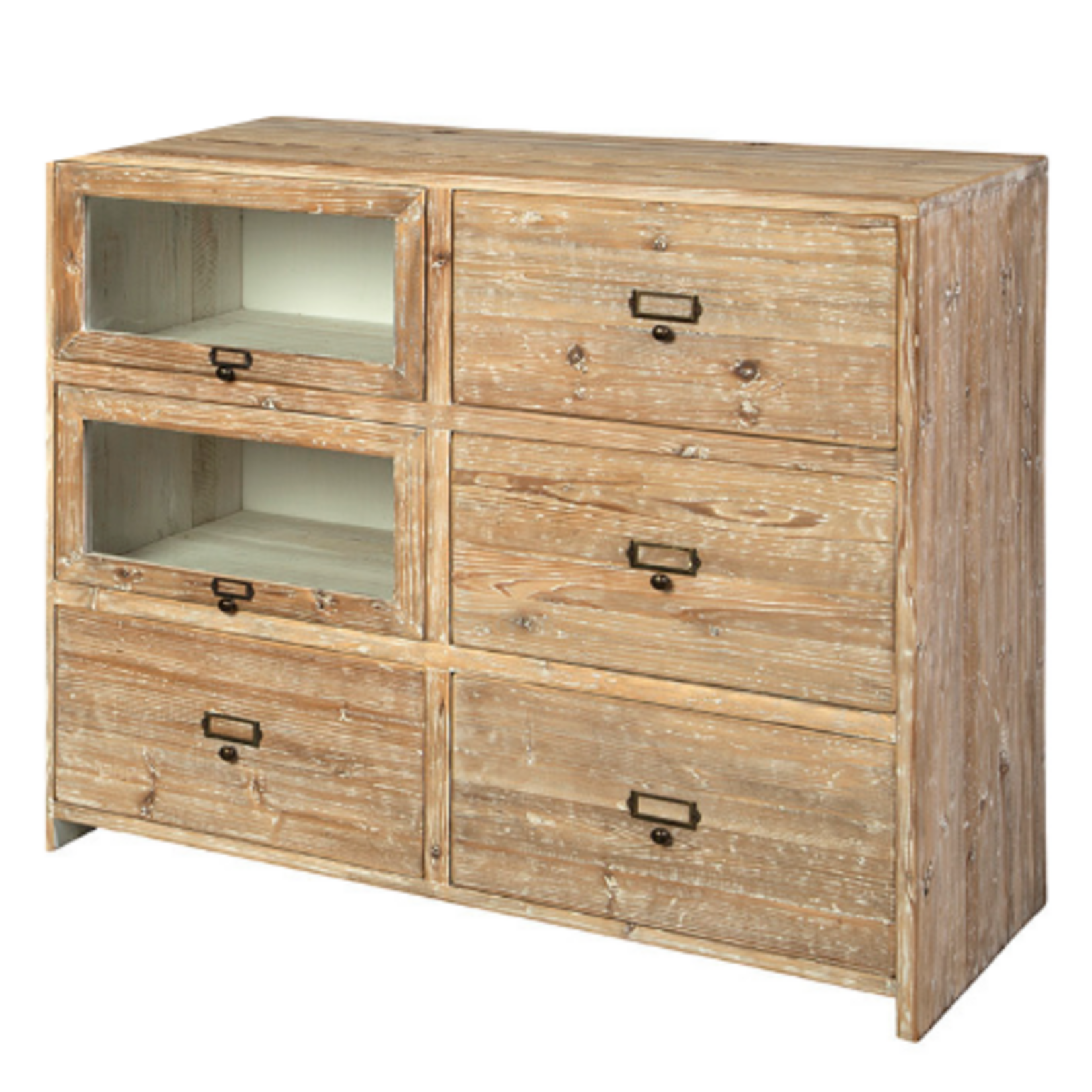Outside The Box 42x19x36 Apothecary Reclaimed Fir Wood 4 Drawer & 2 Glass Display Drawers Chest