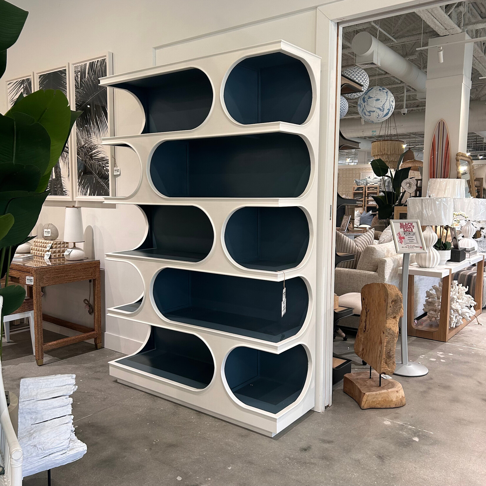 Bernard ACP Home 59x18x87 Vannes Crescent Mahogany Wood Bookcase In Distressed White / Azure Shiny - TRW - AZS