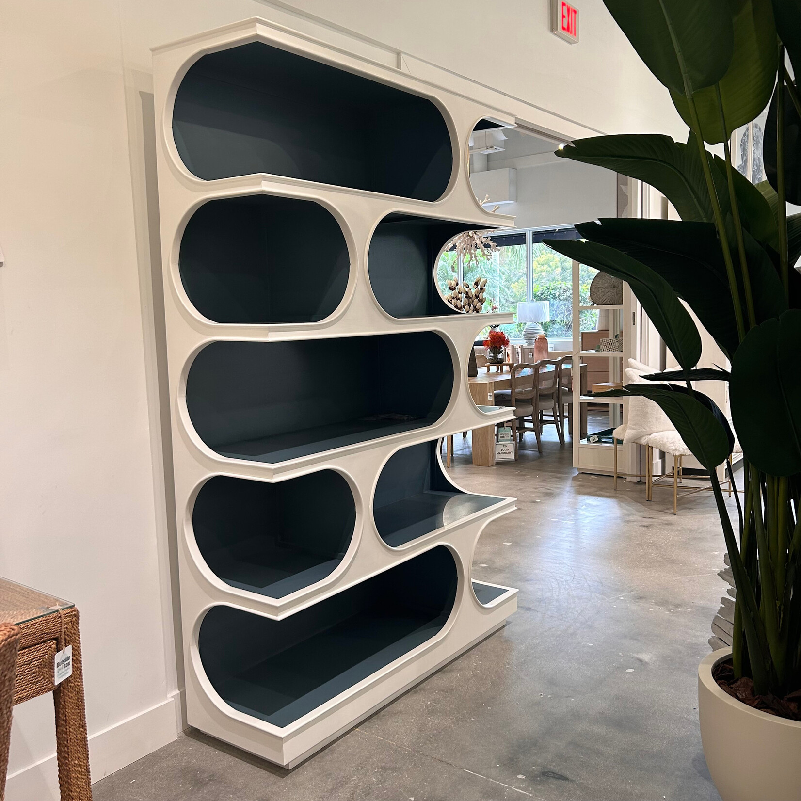 Outside The Box 59x18x87 Vannes Crescent Mahogany Wood Bookcase In Distressed White / Azure Shiny - TRW - AZS