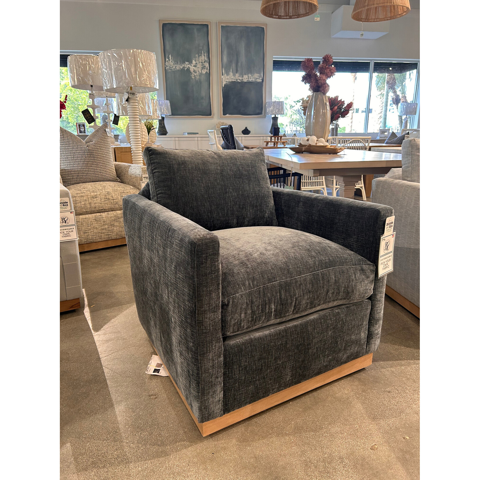 Outside The Box Allie Federal Blue Poly Performance Fabric Upholstered Cloud Swivel Chair Washed Oak Base 18499-52