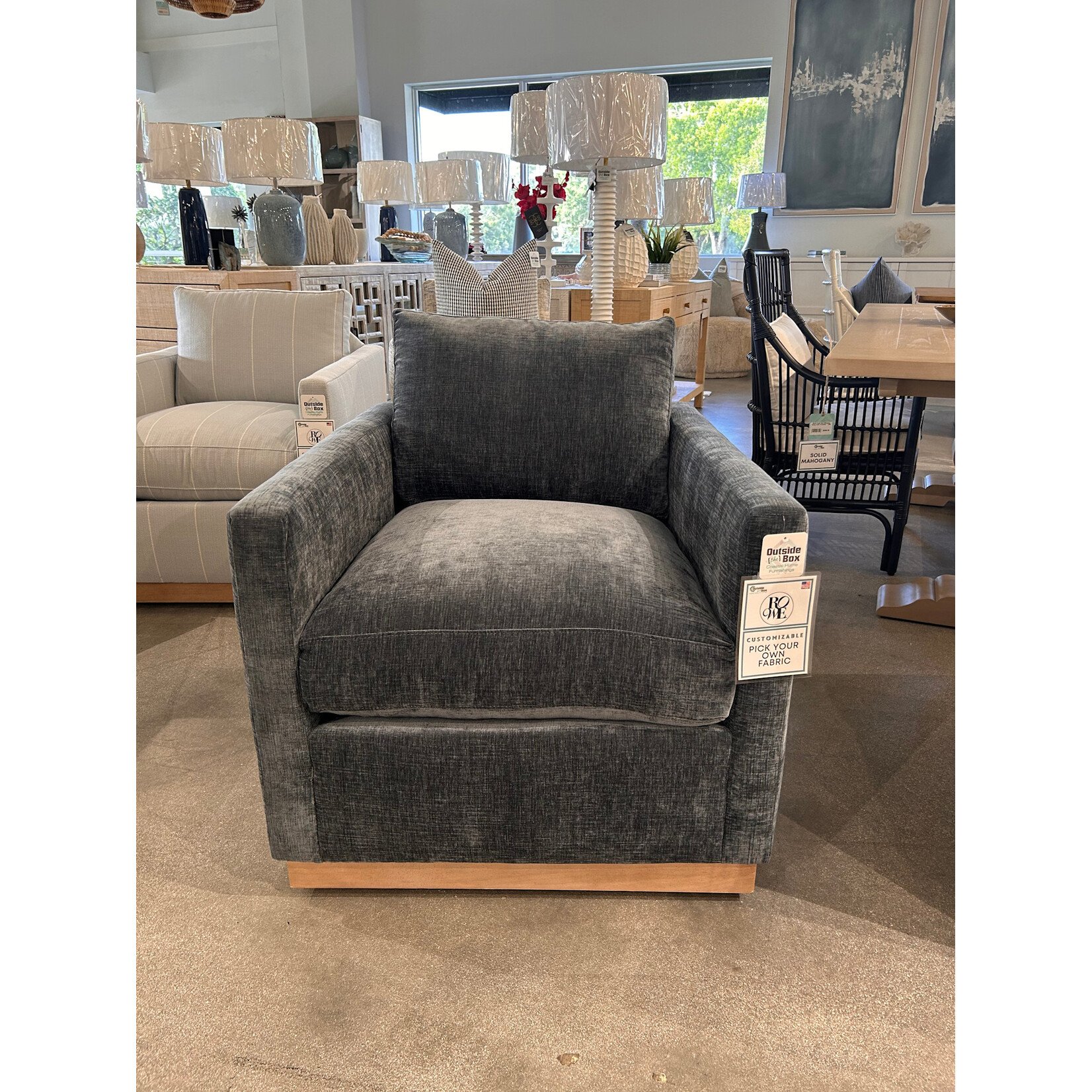 Outside The Box Allie Federal Blue Poly Performance Fabric Upholstered Cloud Swivel Chair Washed Oak Base 18499-52