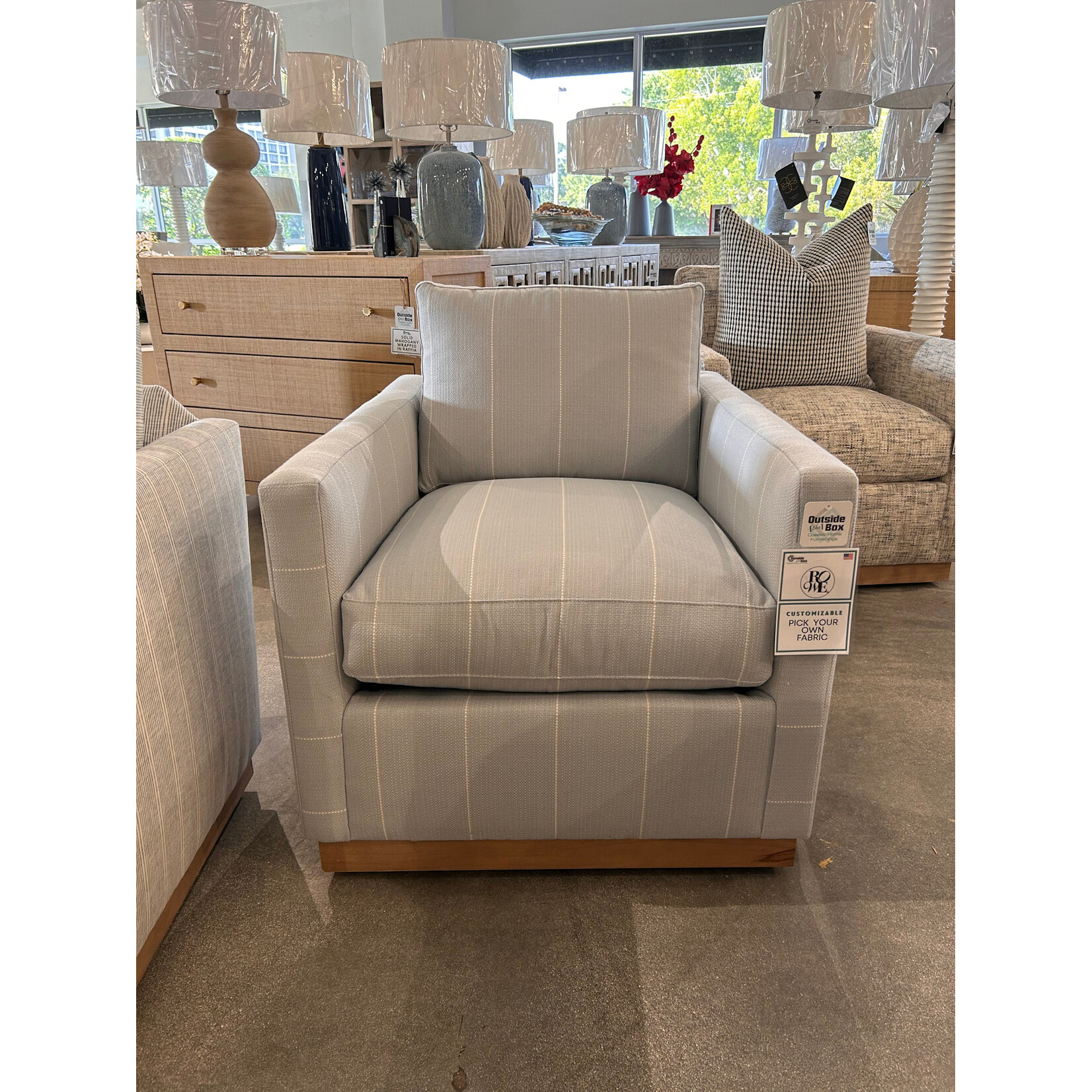 Outside The Box Allie Ice Blue Kid Proof Performance Fabric Upholstered Cloud Swivel Chair Washed Oak Base  VO110-34 (HH)