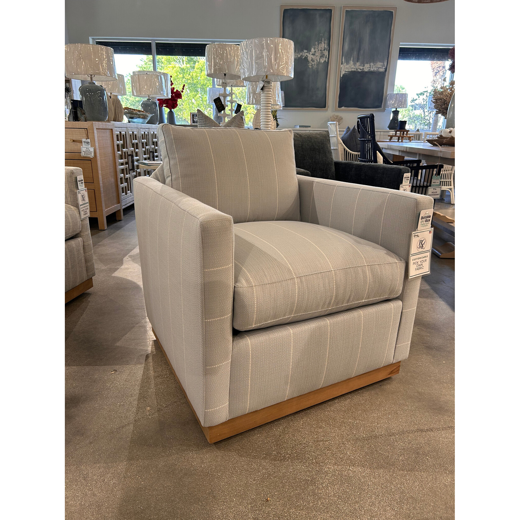 Outside The Box Allie Ice Blue Kid Proof Performance Fabric Upholstered Cloud Swivel Chair Washed Oak Base  VO110-34 (HH)