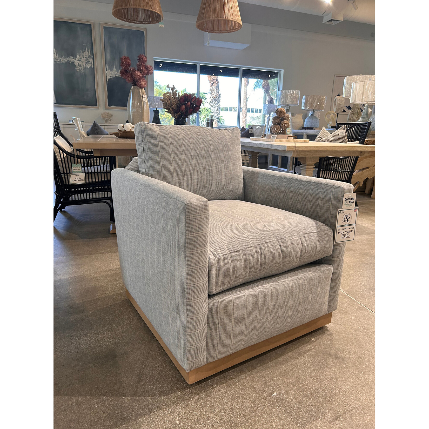 Outside The Box Allie Indigo Stripes Kid Proof Performance Fabric Upholstered Cloud Swivel Chair Washed Oak Base RA252-35 (AA)