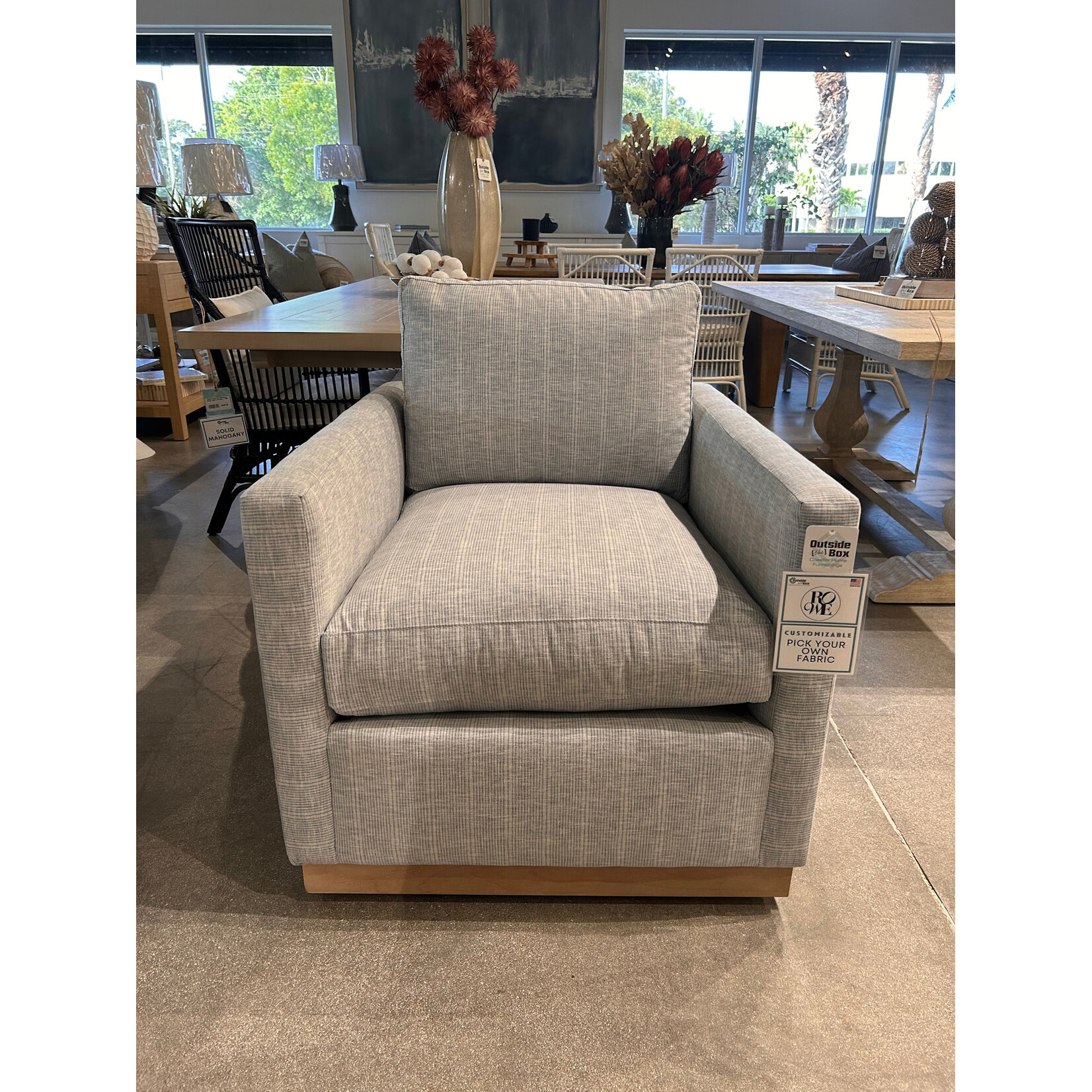 Outside The Box Allie Indigo Stripes Kid Proof Performance Fabric Upholstered Cloud Swivel Chair Washed Oak Base RA252-35 (AA)