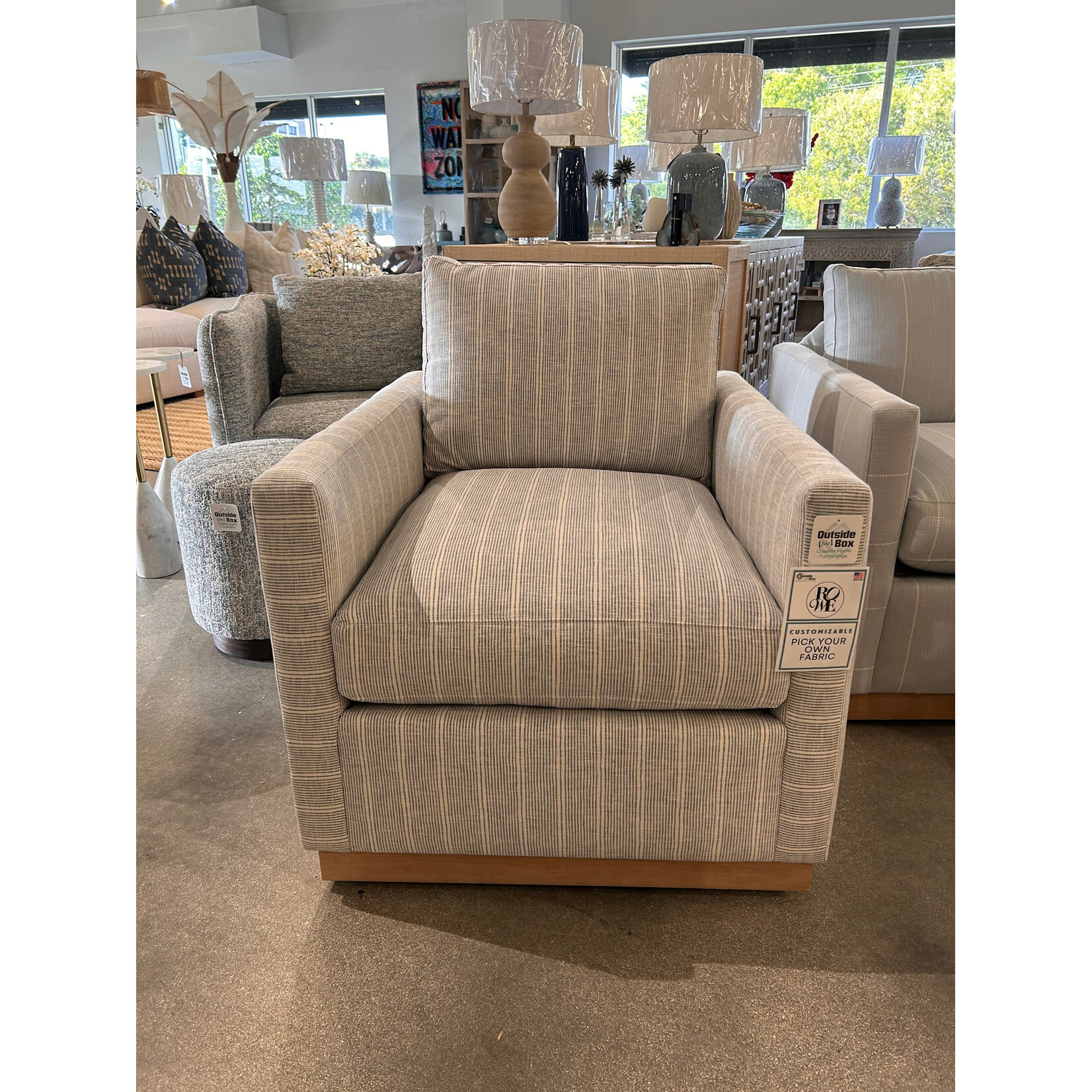 Outside The Box Allie Federal Blue Kid Proof Performance Fabric Upholstered Cloud Swivel Chair Washed Oak Base RA252-52 (AA)