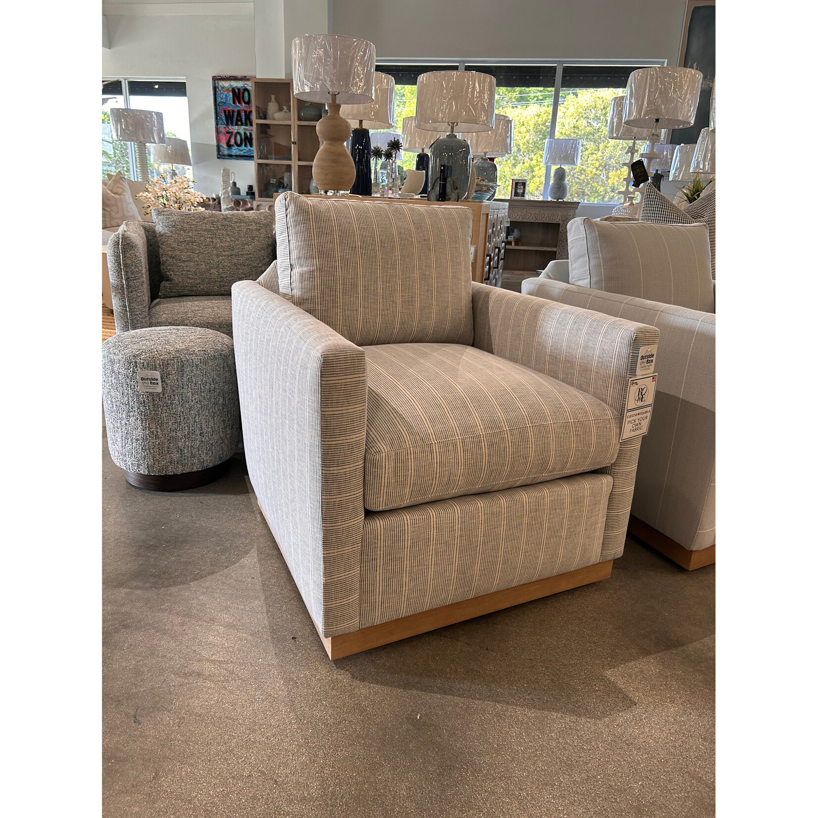 Outside The Box Allie Federal Blue Kid Proof Performance Fabric Upholstered Cloud Swivel Chair Washed Oak Base RA252-52 (AA)