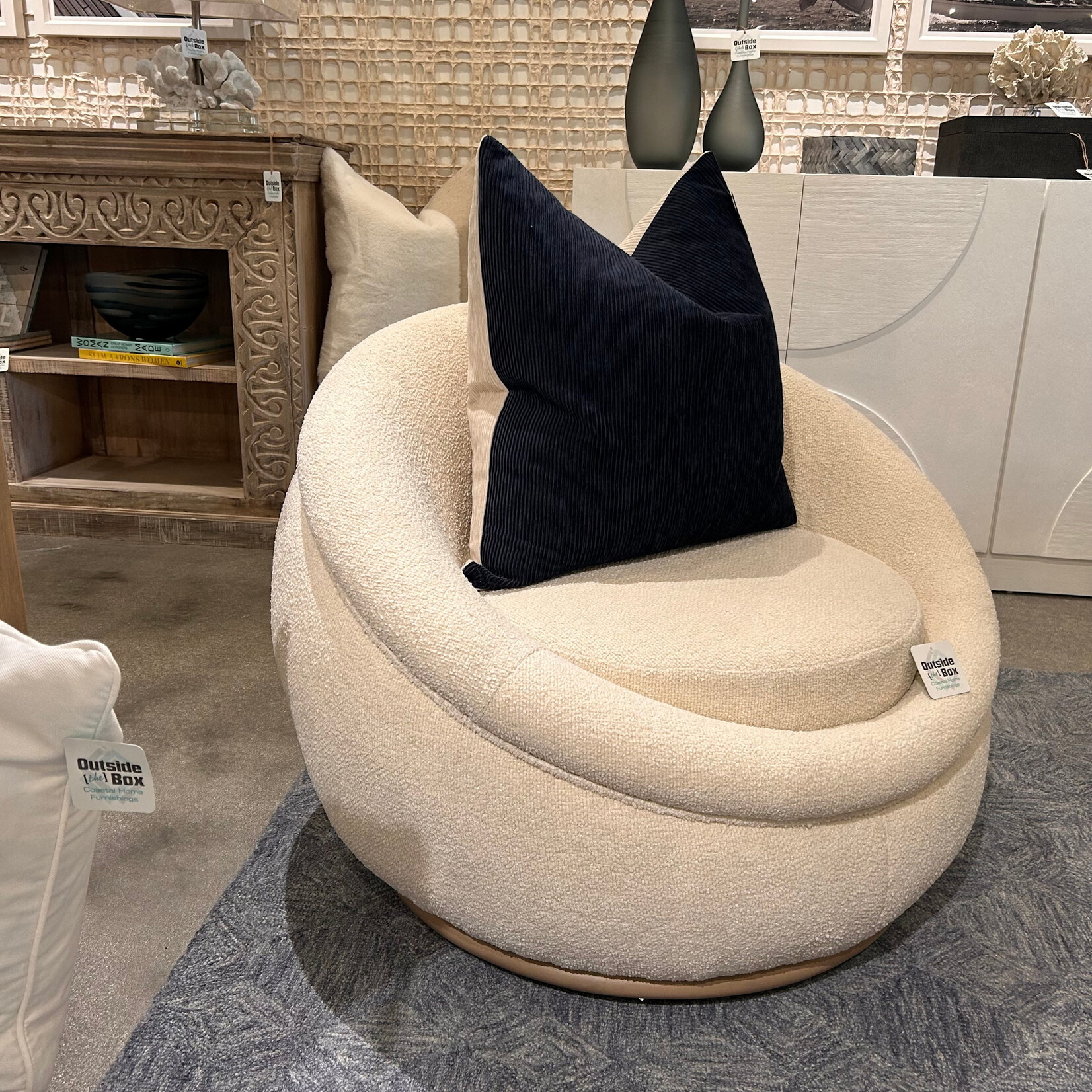 Outside The Box Luna Colorado Ivory Boucle Performance Swivel Chair Sand Bar Base