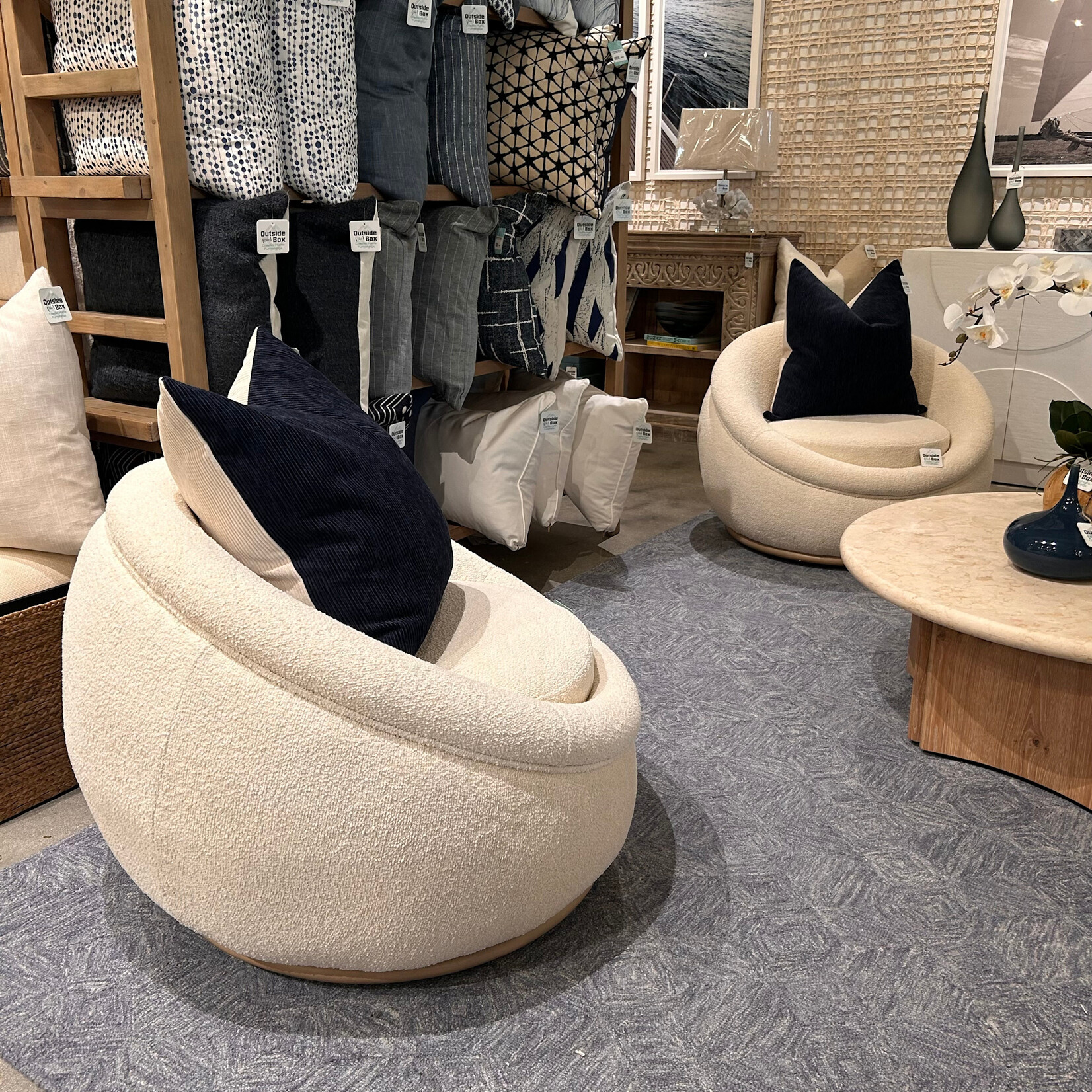 Outside The Box Luna Colorado Ivory Boucle Performance Swivel Chair Sand Bar Base