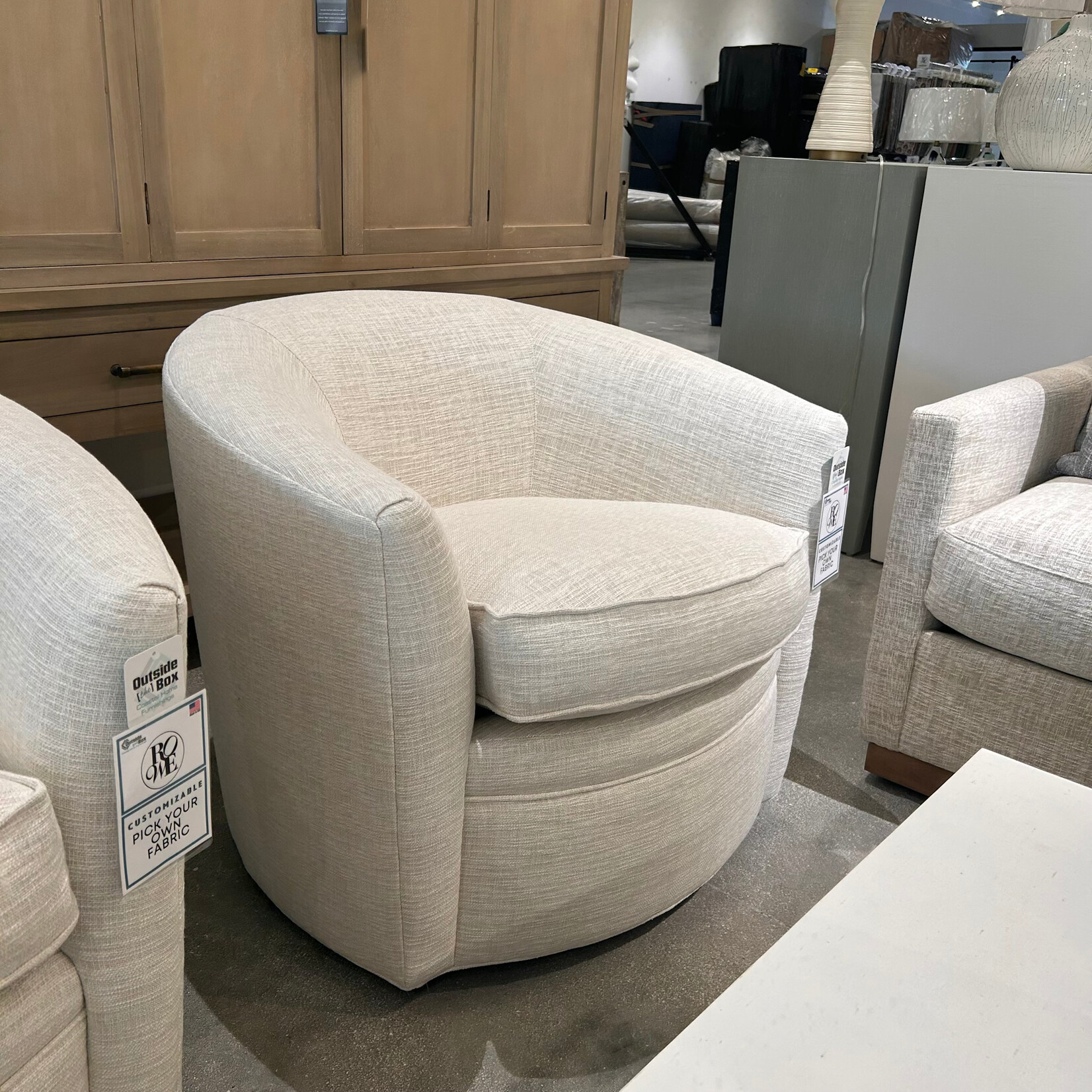 Outside The Box Baldwin Bone White Kid Proof Performance Fabric Upholstered Cloud Swivel Chair BU104-43 (AA)