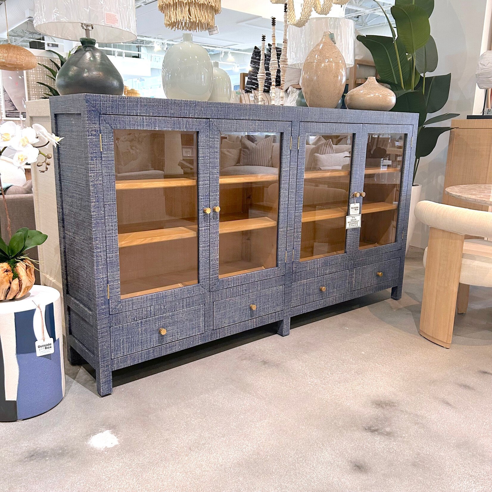 Outside The Box 84x16x48 Kagu Raffia 4 Door Low Cabinet In Deep Blue - RFDB