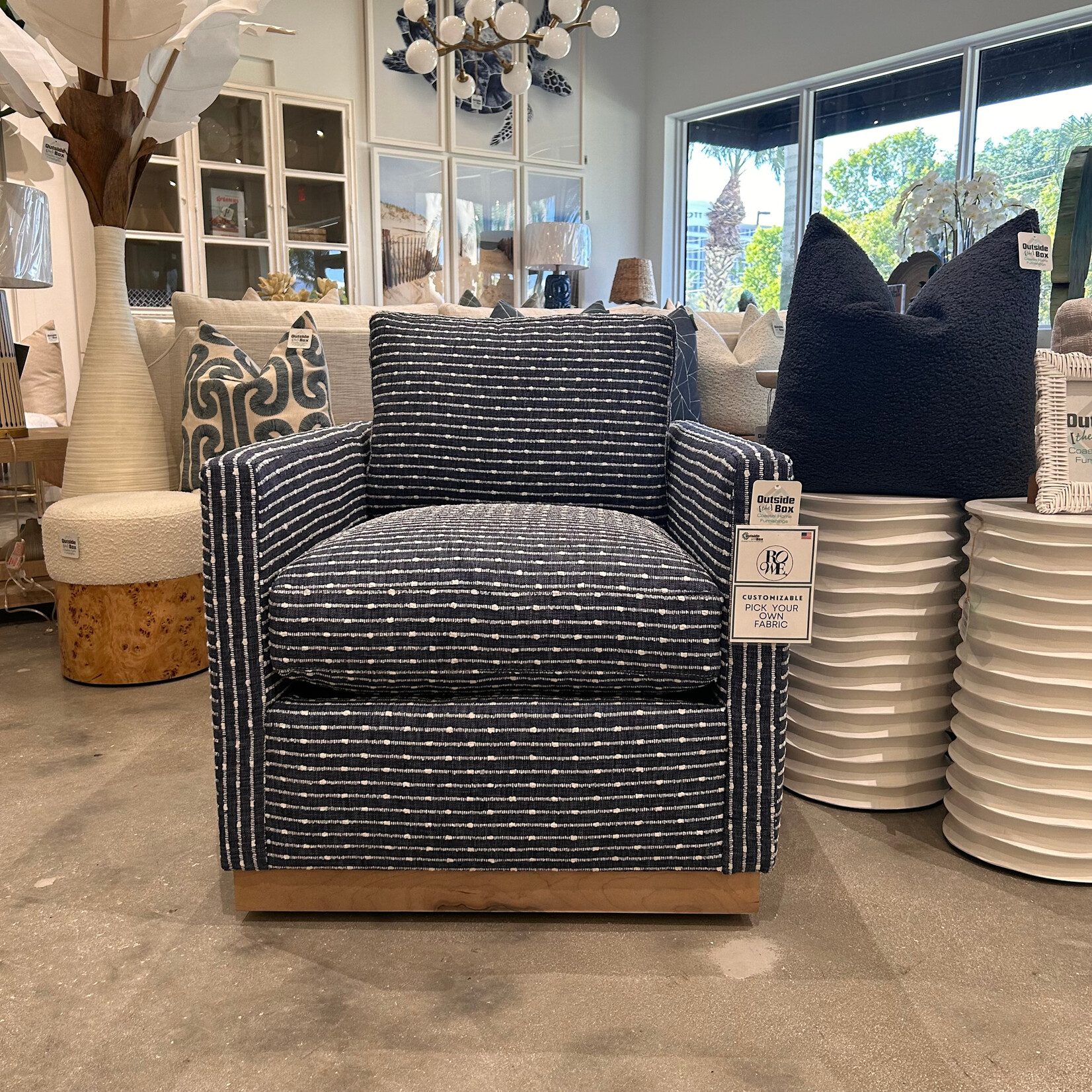 Outside The Box Allie Navy Poly Performance Fabric Upholstered Cloud Swivel Chair Washed Oak Base 30166-56 (HH)