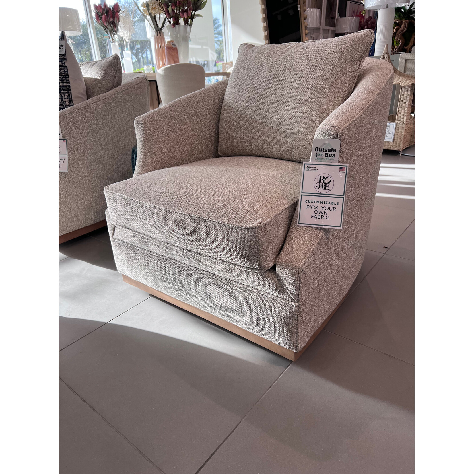 Outside The Box Emmerson Sand Kid Proof Performance Fabric Upholstered Classic Swivel Chair Washed Oak Base CF105-50 (X)