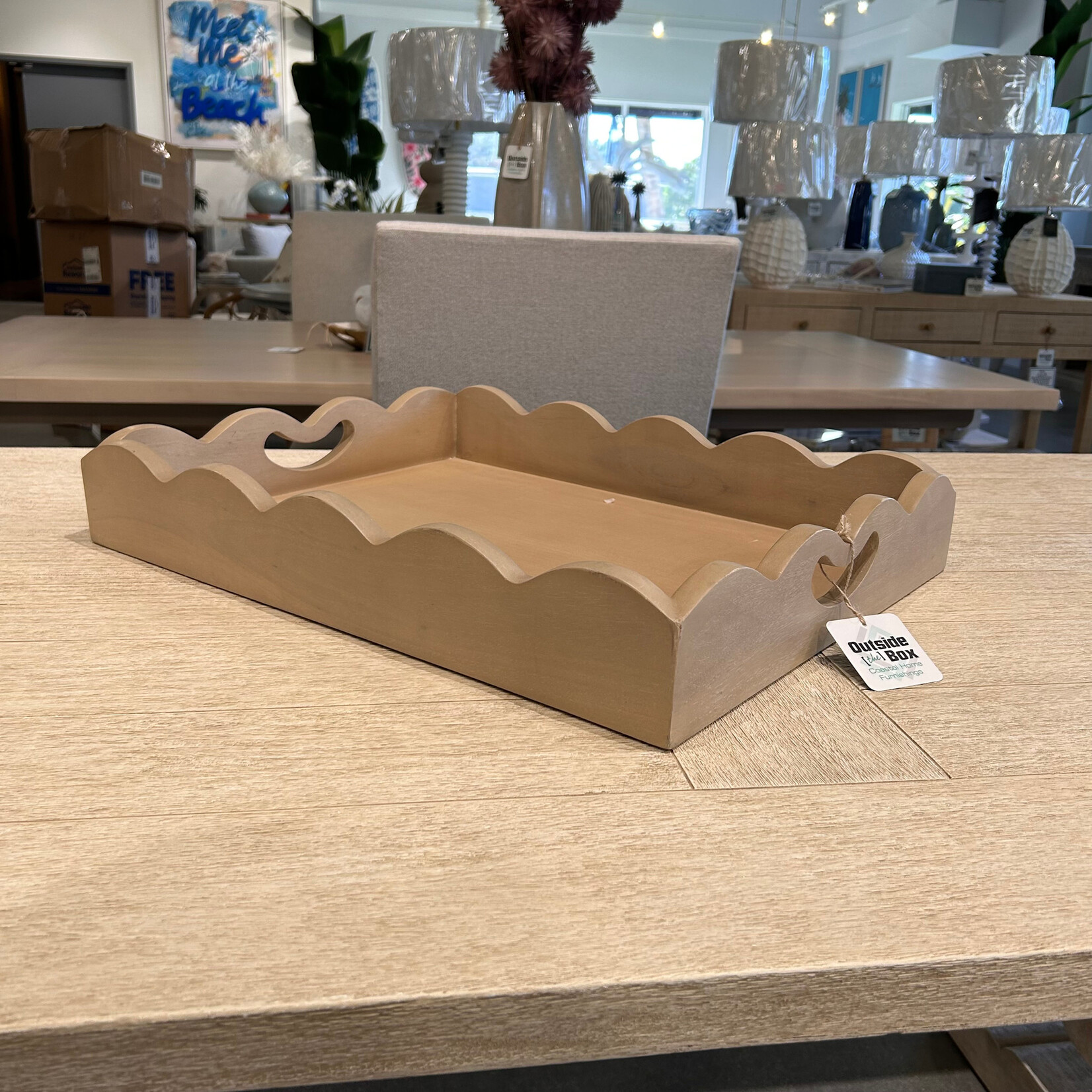 Outside The Box 24x19 Chloe Solid Mahogany Scalloped Tray In Sandbar - SNB