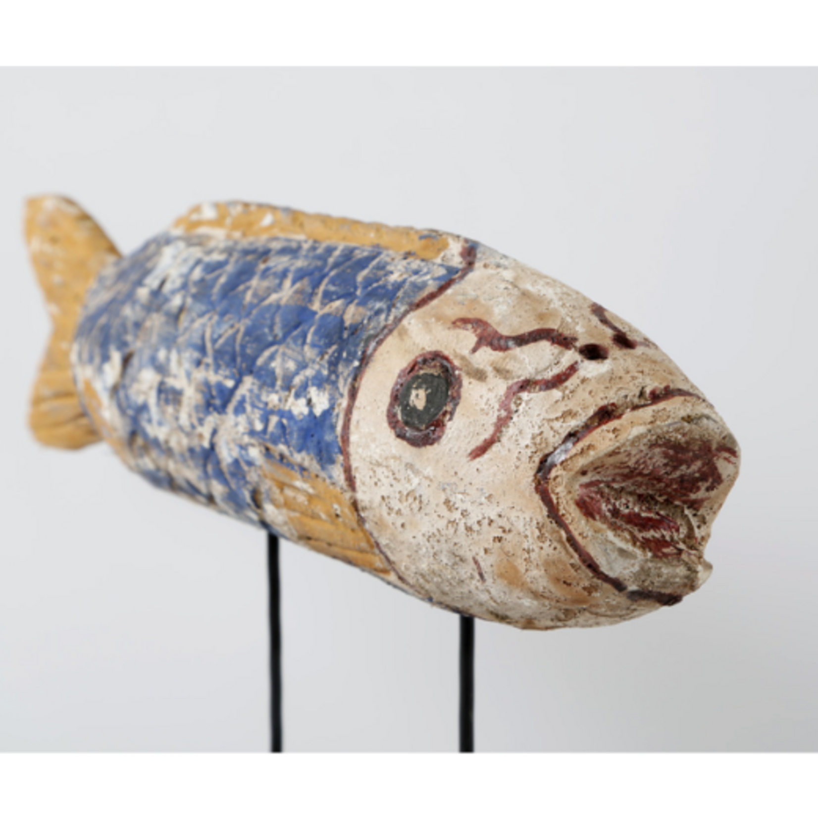 Outside The Box 7" Vintage Blue & Yellow Fish Hand Carved Wood Sculpture On Iron Stand