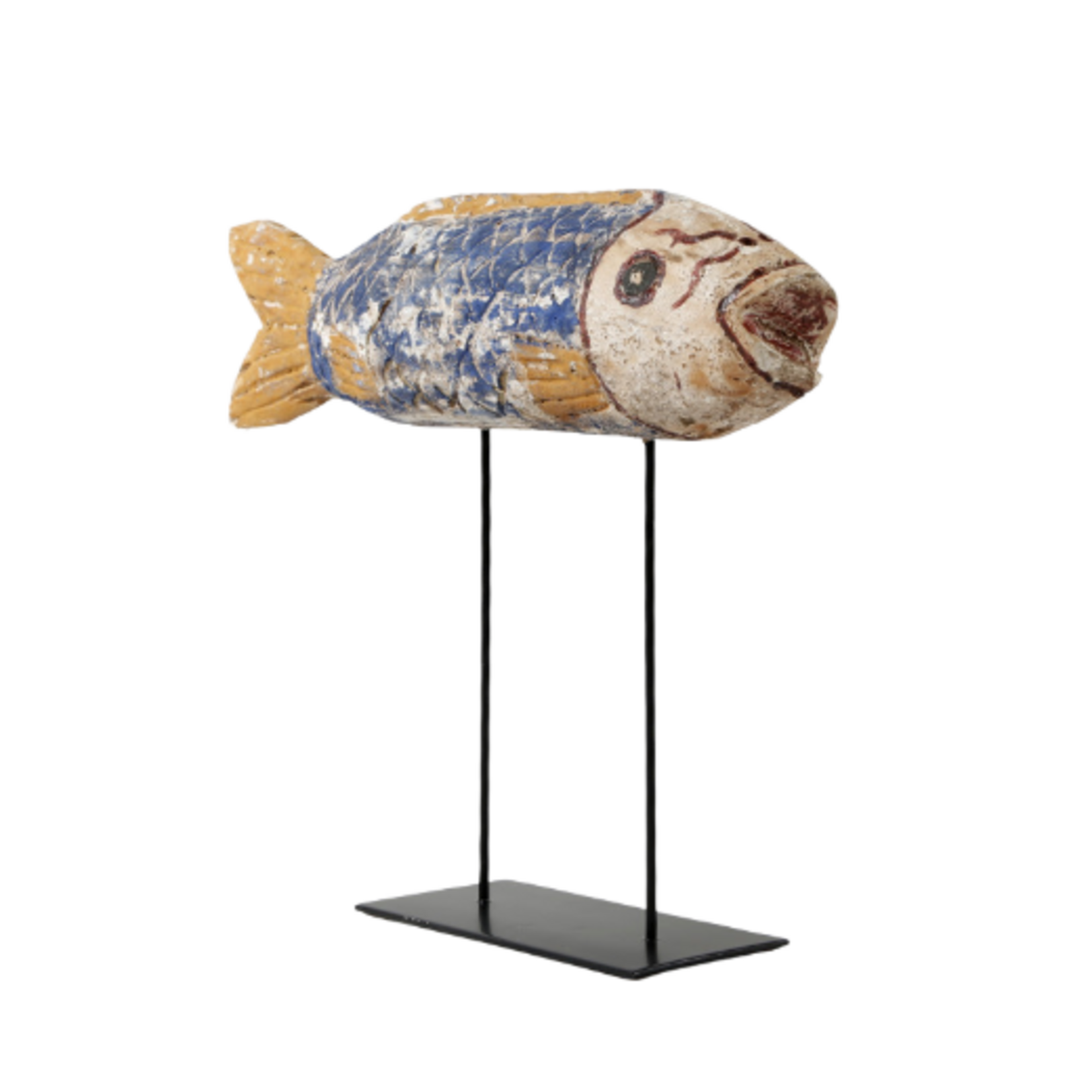 Outside The Box 7" Vintage Blue & Yellow Fish Hand Carved Wood Sculpture On Iron Stand