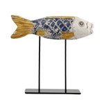 Outside The Box 10" Vintage Blue & Yellow Fish Hand Carved Wood Sculpture On Iron Stand