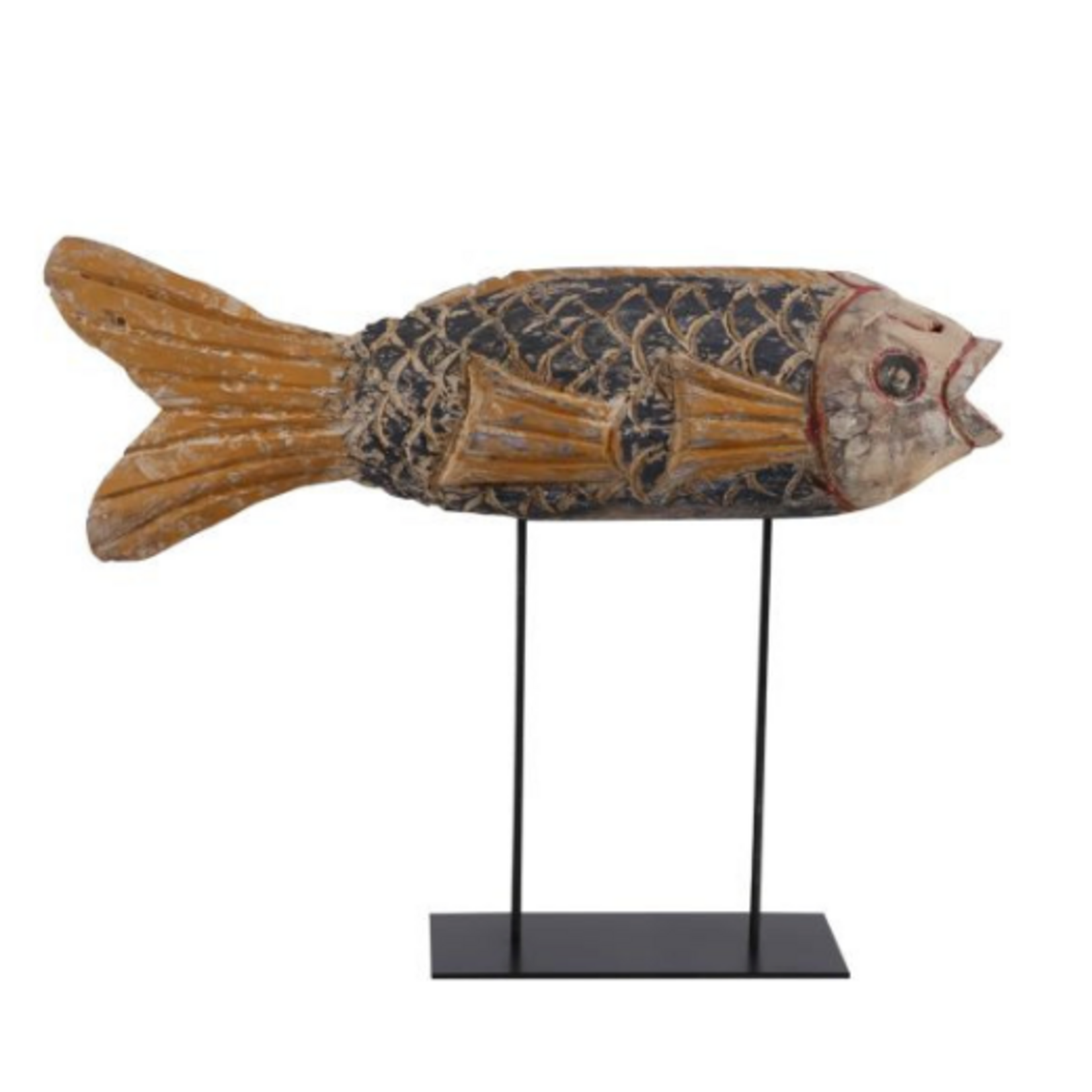 Outside The Box 14" Vintage Blue & Yellow Fish Hand Carved Wood Sculpture On Iron Stand