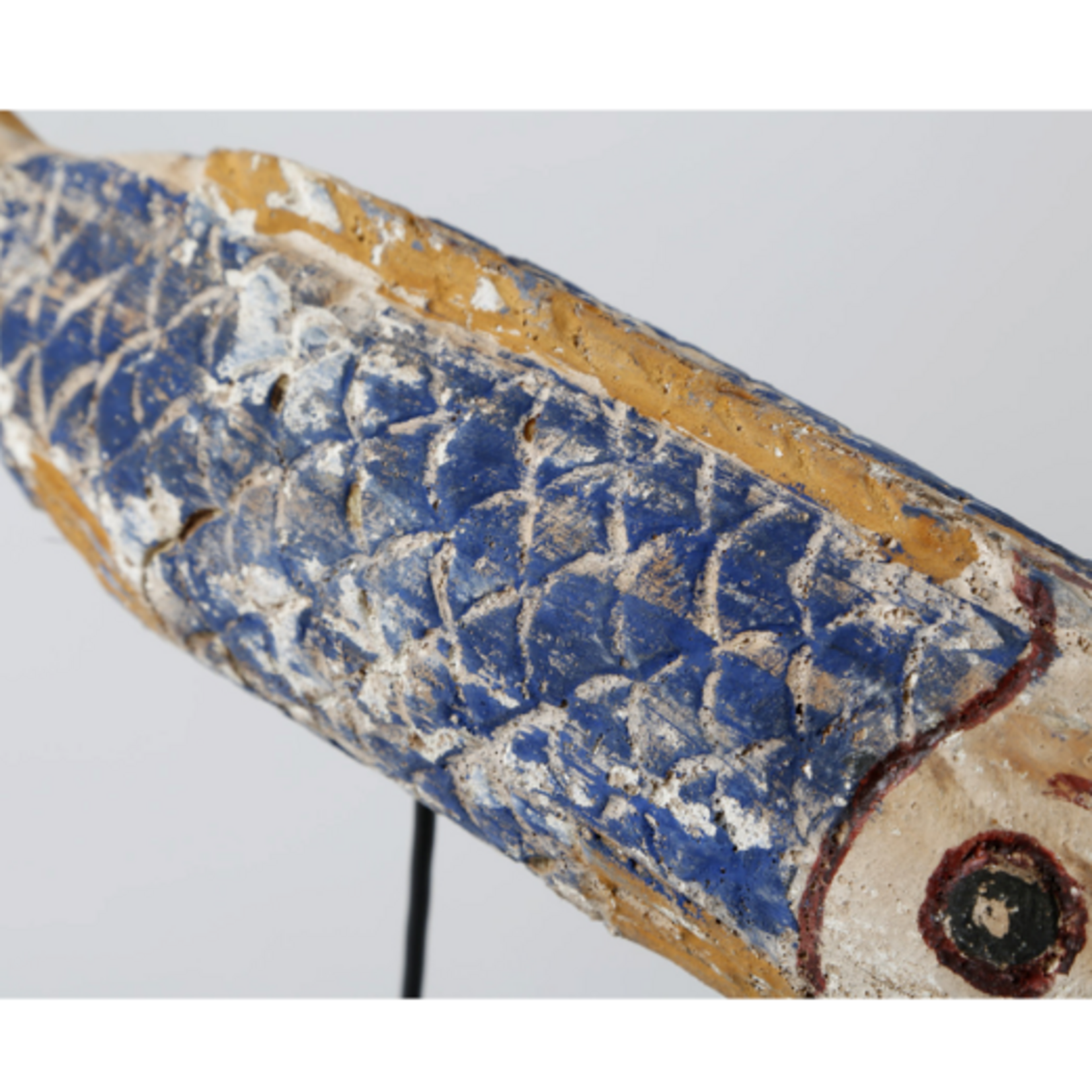 Outside The Box 14" Vintage Blue & Yellow Fish Hand Carved Wood Sculpture On Iron Stand