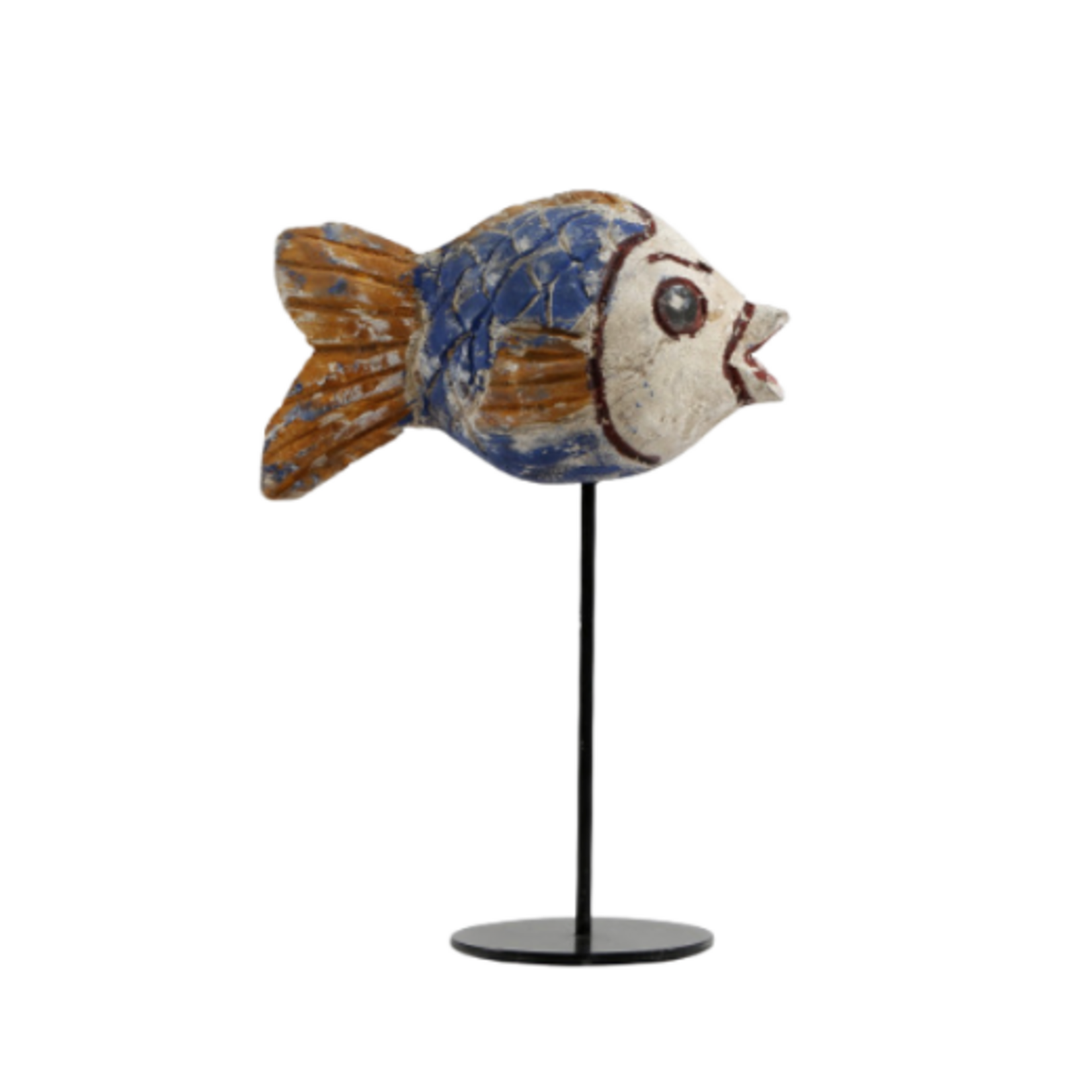 Outside The Box 10" Vintage Blue & Yellow Round Fish Hand Carved Wood Sculpture On Iron Stand