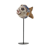 Outside The Box 12" Vintage Blue & Yellow Round Fish Hand Carved Wood Sculpture On Iron Stand