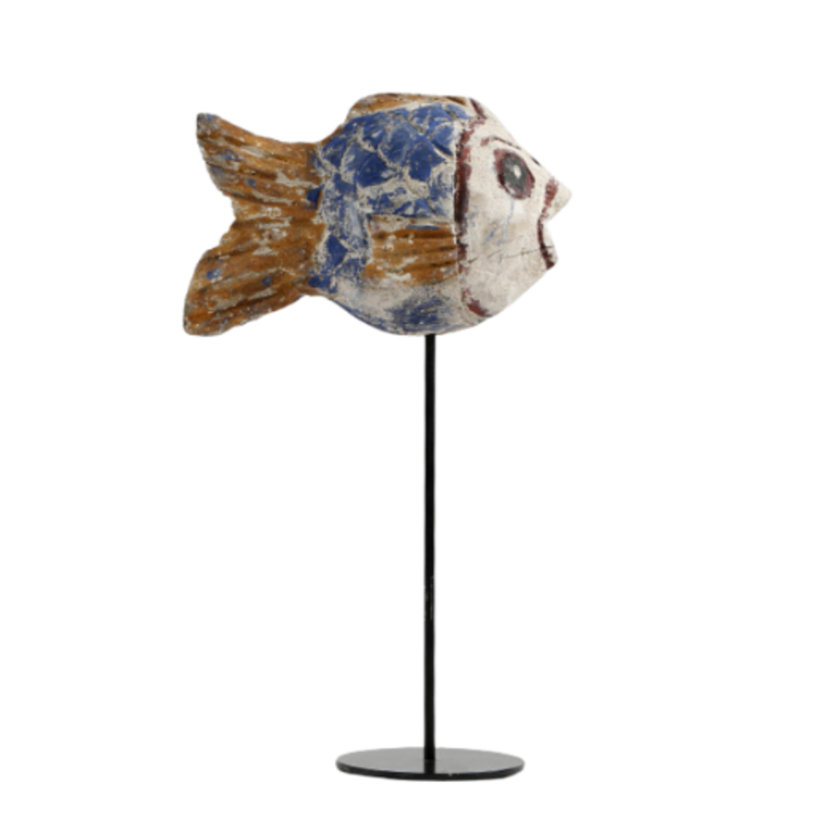 Outside The Box 12" Vintage Blue & Yellow Round Fish Hand Carved Wood Sculpture On Iron Stand