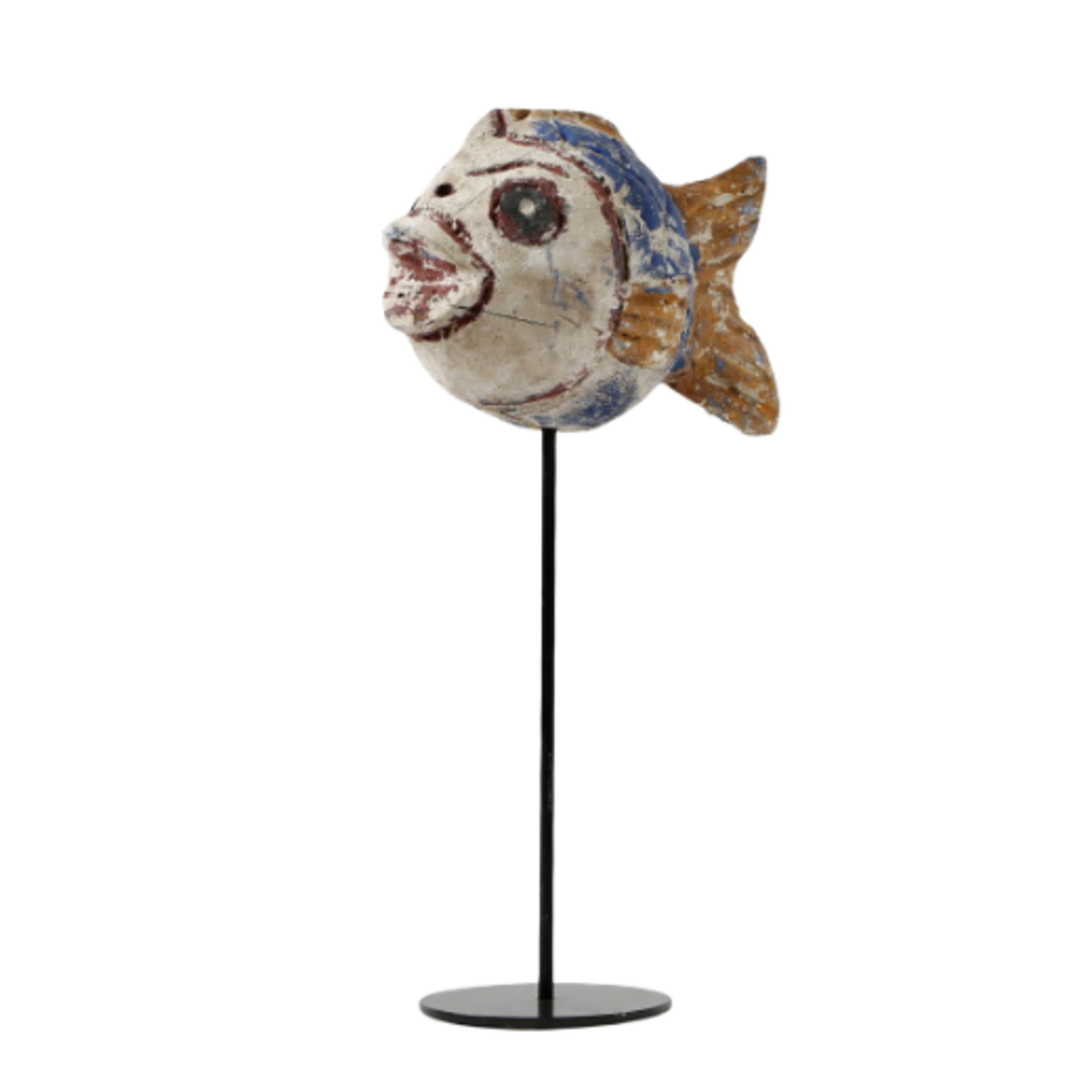 Outside The Box 14" Vintage Blue & Yellow Round Fish Hand Carved Wood Sculpture On Iron Stand