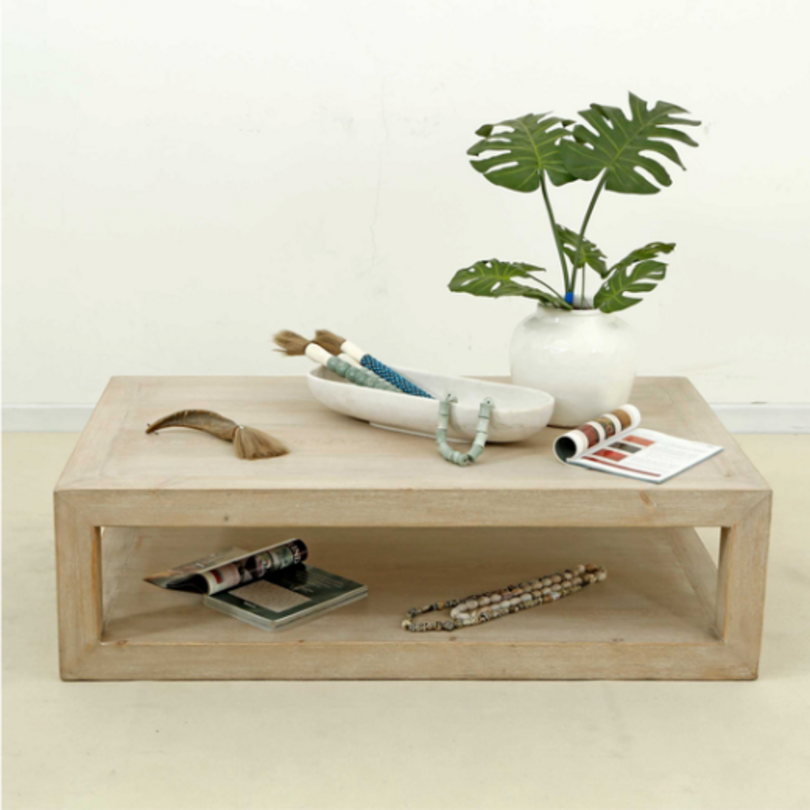 Outside The Box 55x33x16 Peking Grand Reclaimed Pine Hand Carved Coffee Table In Weathered White Washed