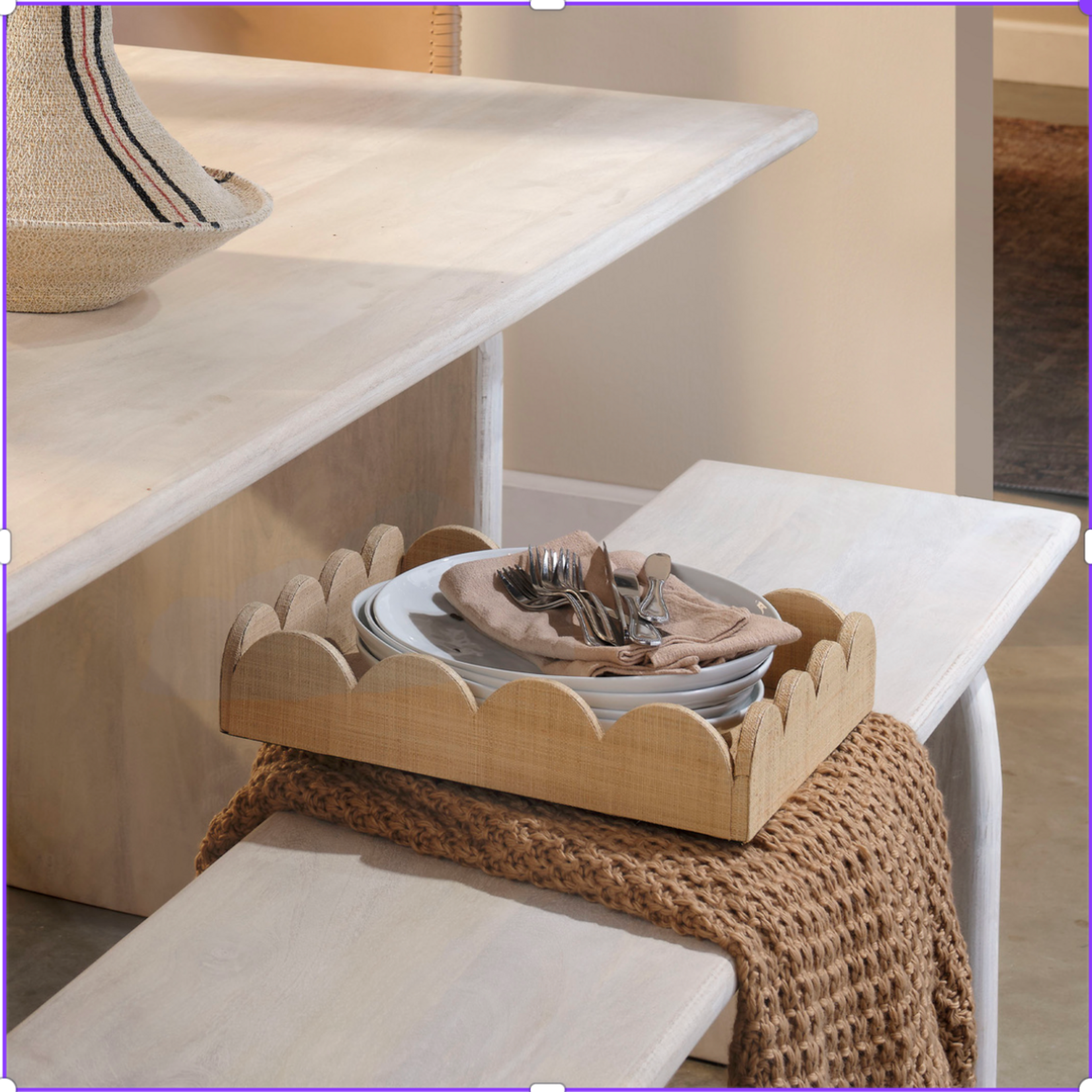 Outside The Box 15x14 Wonderland Scalloped Natural Raffia Square Tray