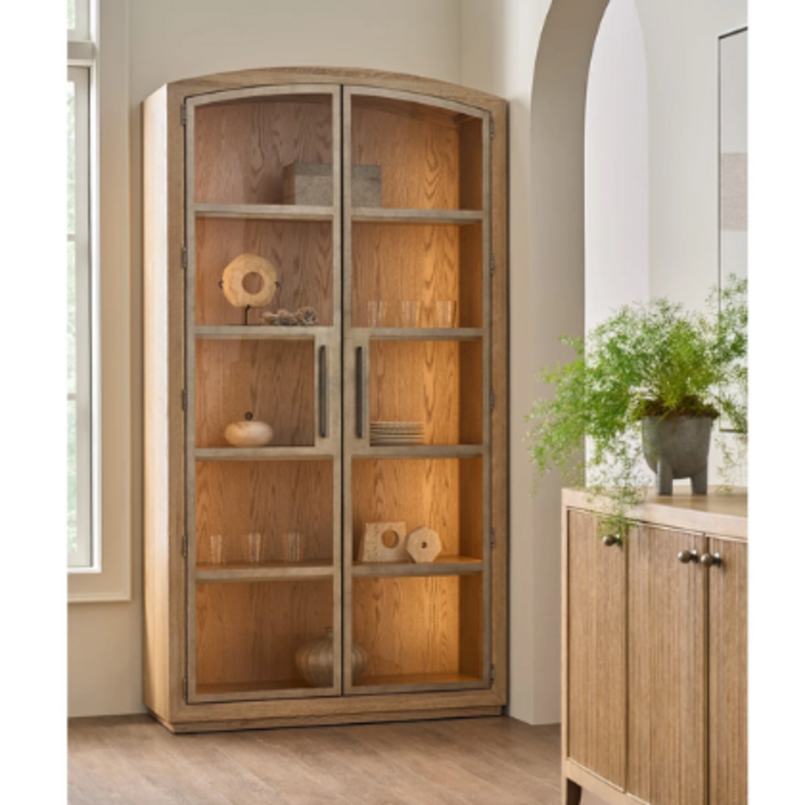 Outside The Box 86x18x46 Avaline Skylark White Oak 2 Glass Door Cabinet