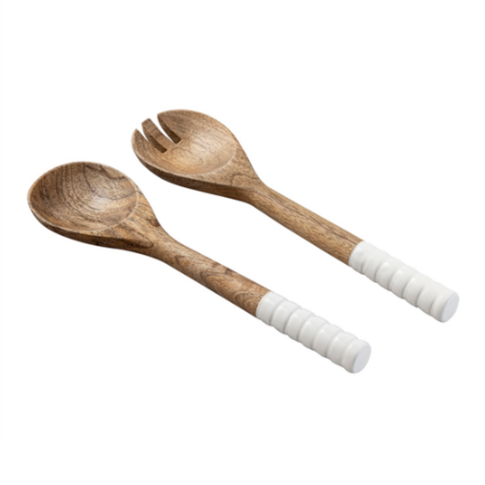 Outside The Box 11" Set Of 2 Mango Wood & White Handle Salad Servers