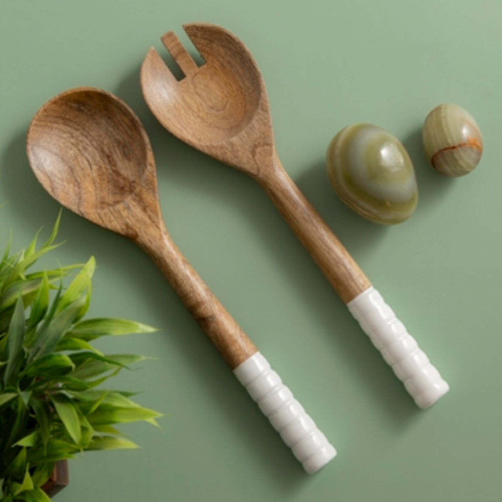 Outside The Box 11" Set Of 2 Mango Wood & White Handle Salad Servers