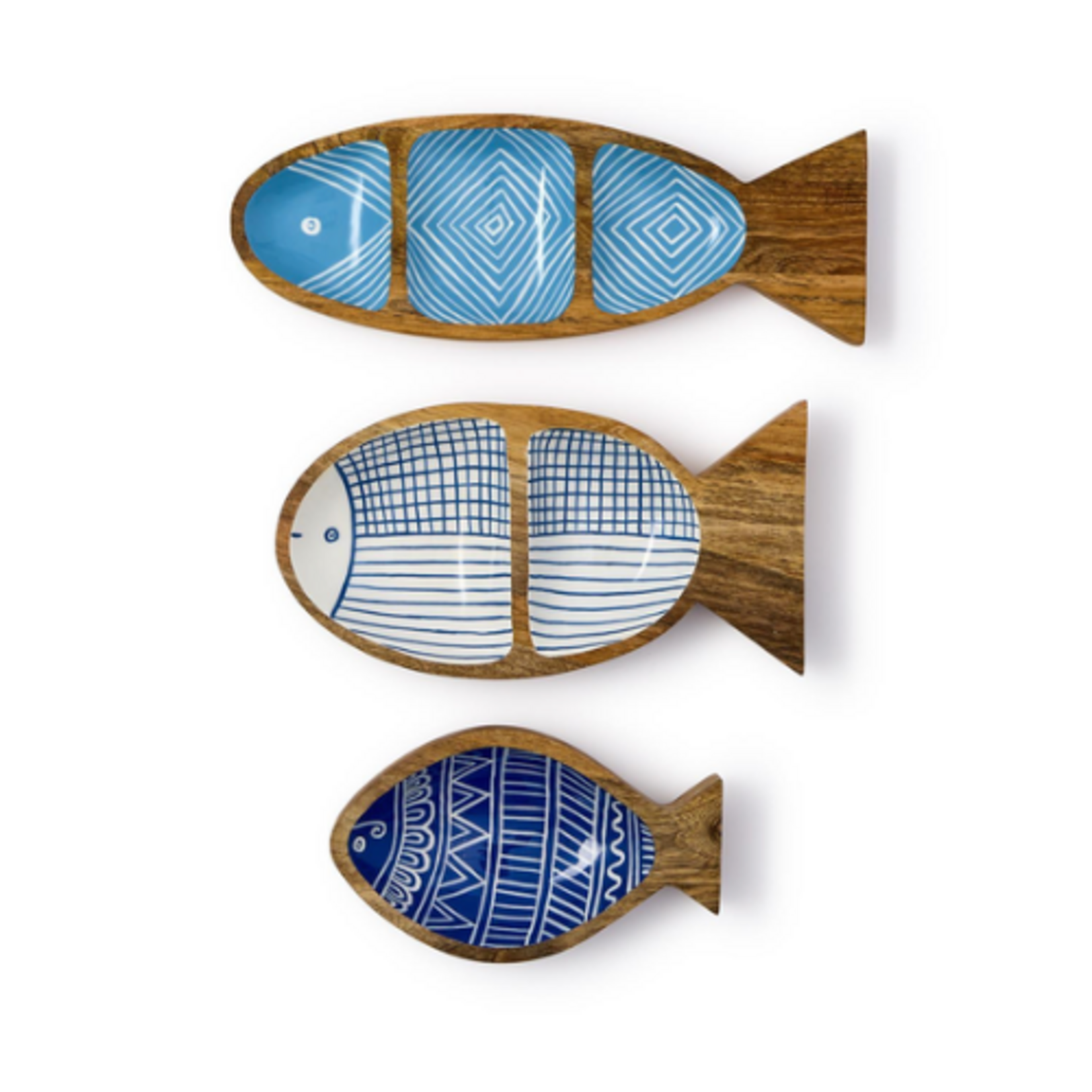 Outside The Box 12", 10" & 7" Set Of 3 Fish Hand Crafted Mango Wood Trays