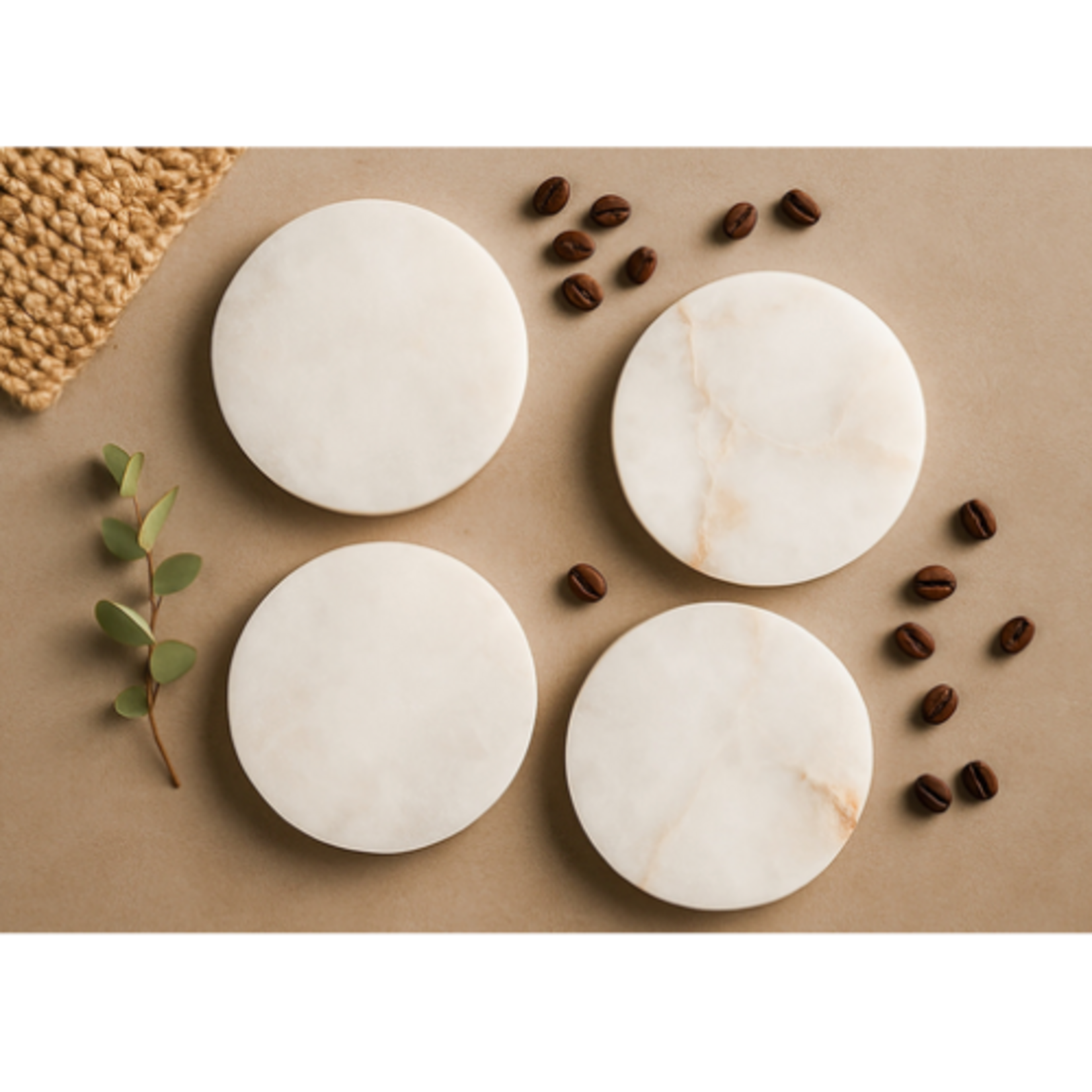 Outside The Box 4" Set Of 4 White Alabaster Round Coasters