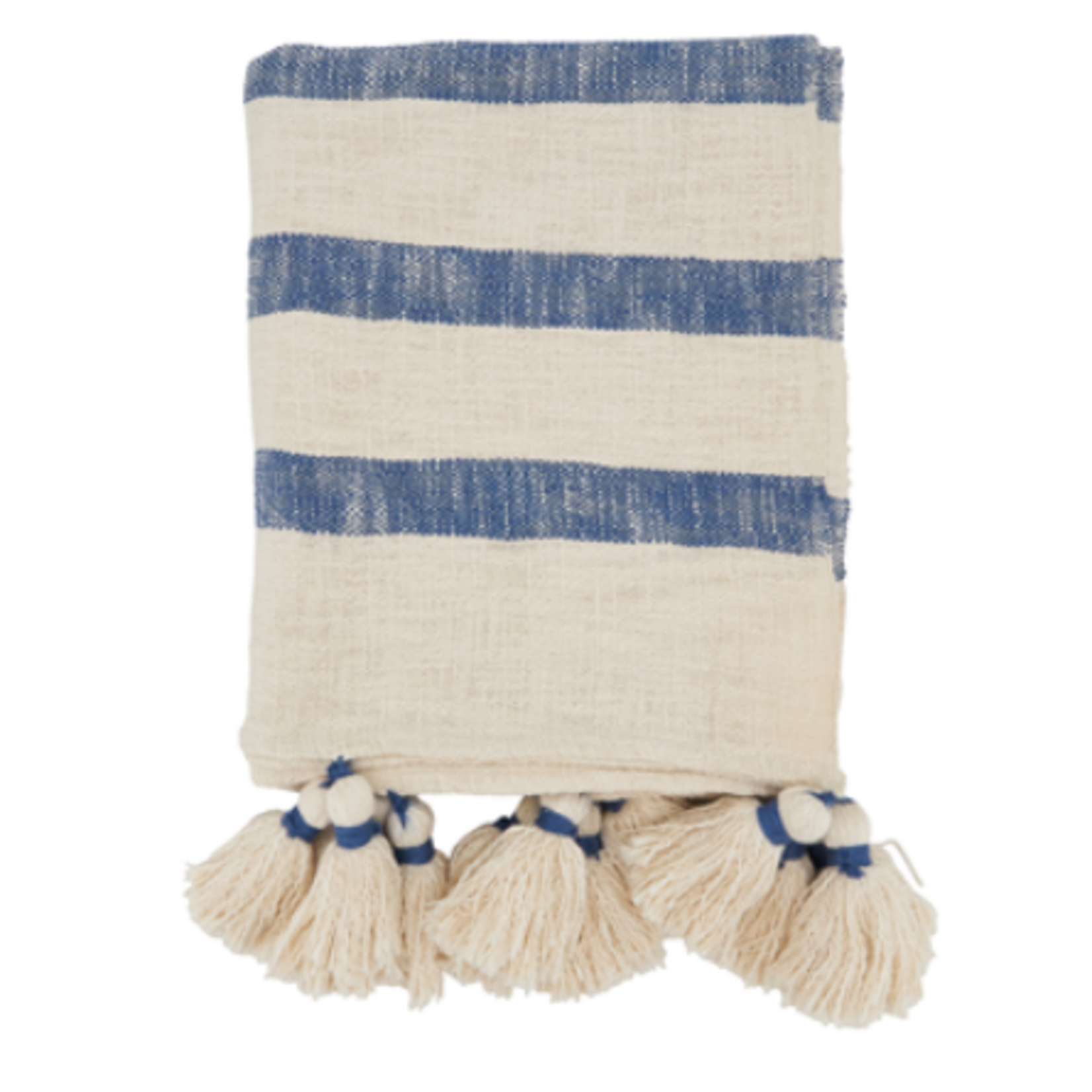 Outside The Box 50x60 Blue & Natural Stripe Tassel 100% Cotton Throw Blanket - TH493
