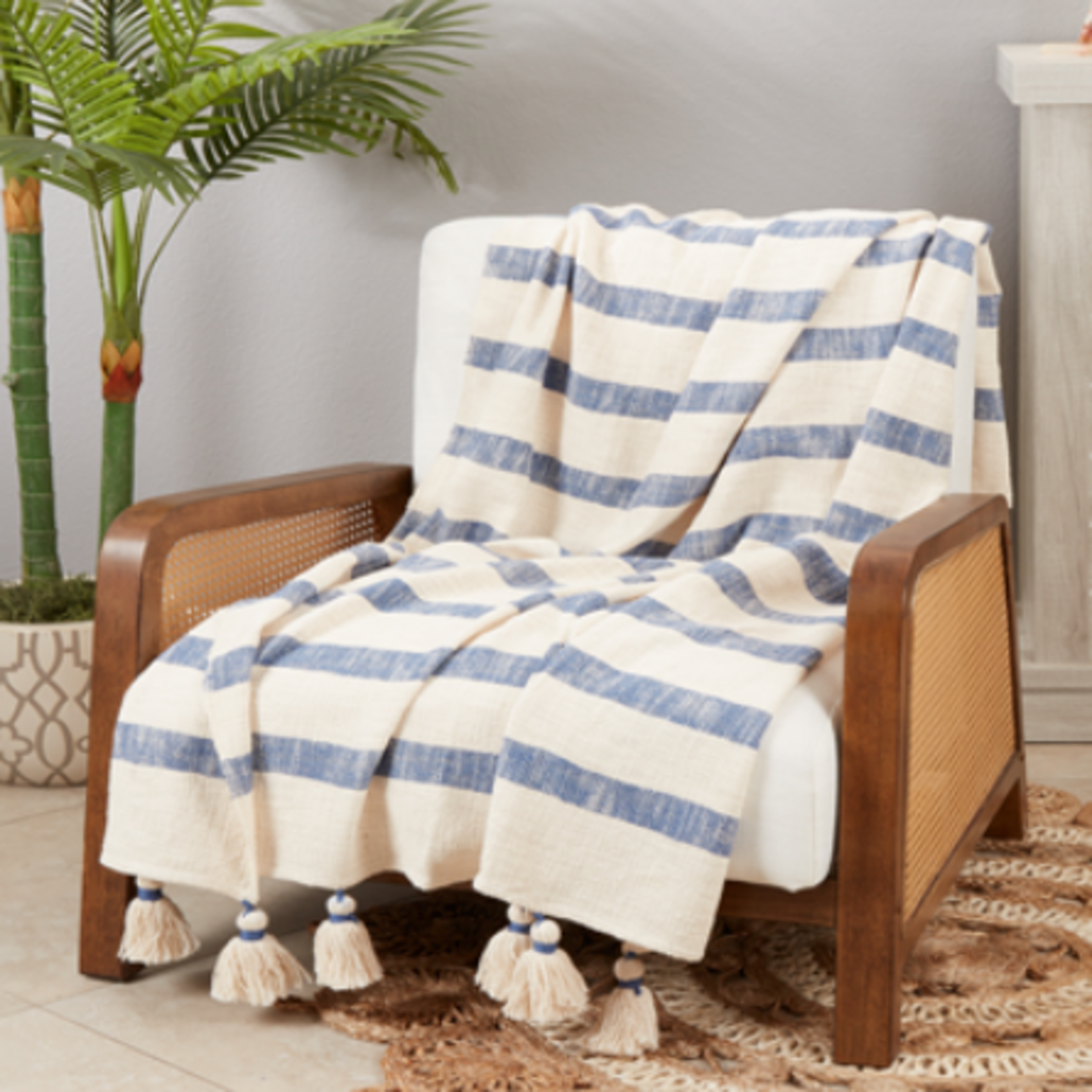 Outside The Box 50x60 Blue & Natural Stripe Tassel 100% Cotton Throw Blanket - TH493