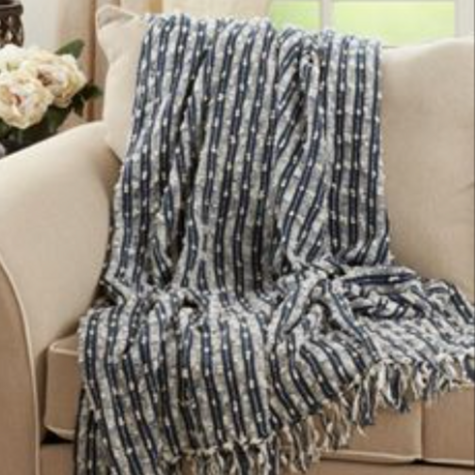 Outside The Box 50x60 Navy Blue Striped 100% Cotton Throw Blanket - TH912