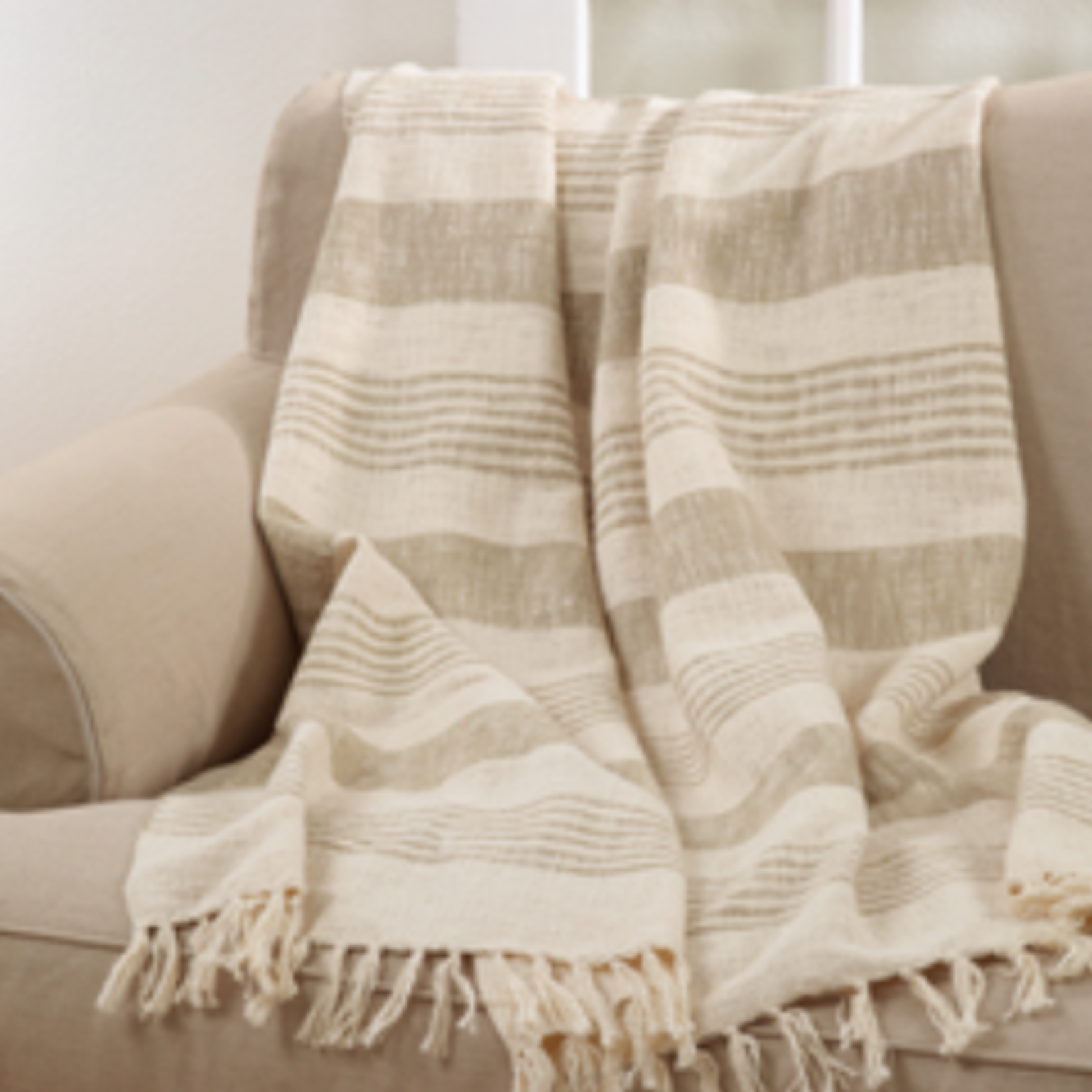 Outside The Box 50x60 Natural Stripe & Tasseled 100% Cotton Throw Blanket