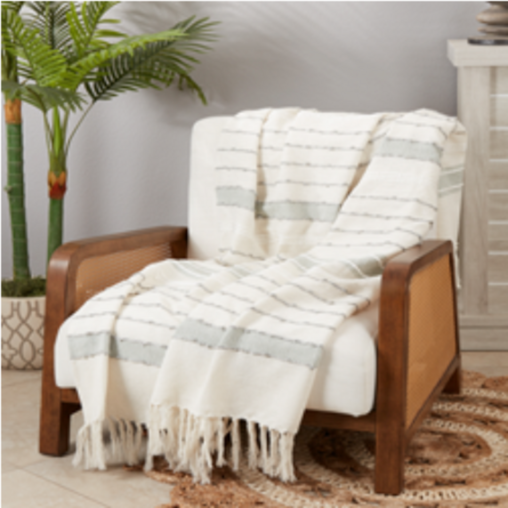 Outside The Box 50x60 Ivory & Gray Woven Striped 100% Cotton Throw Blanket