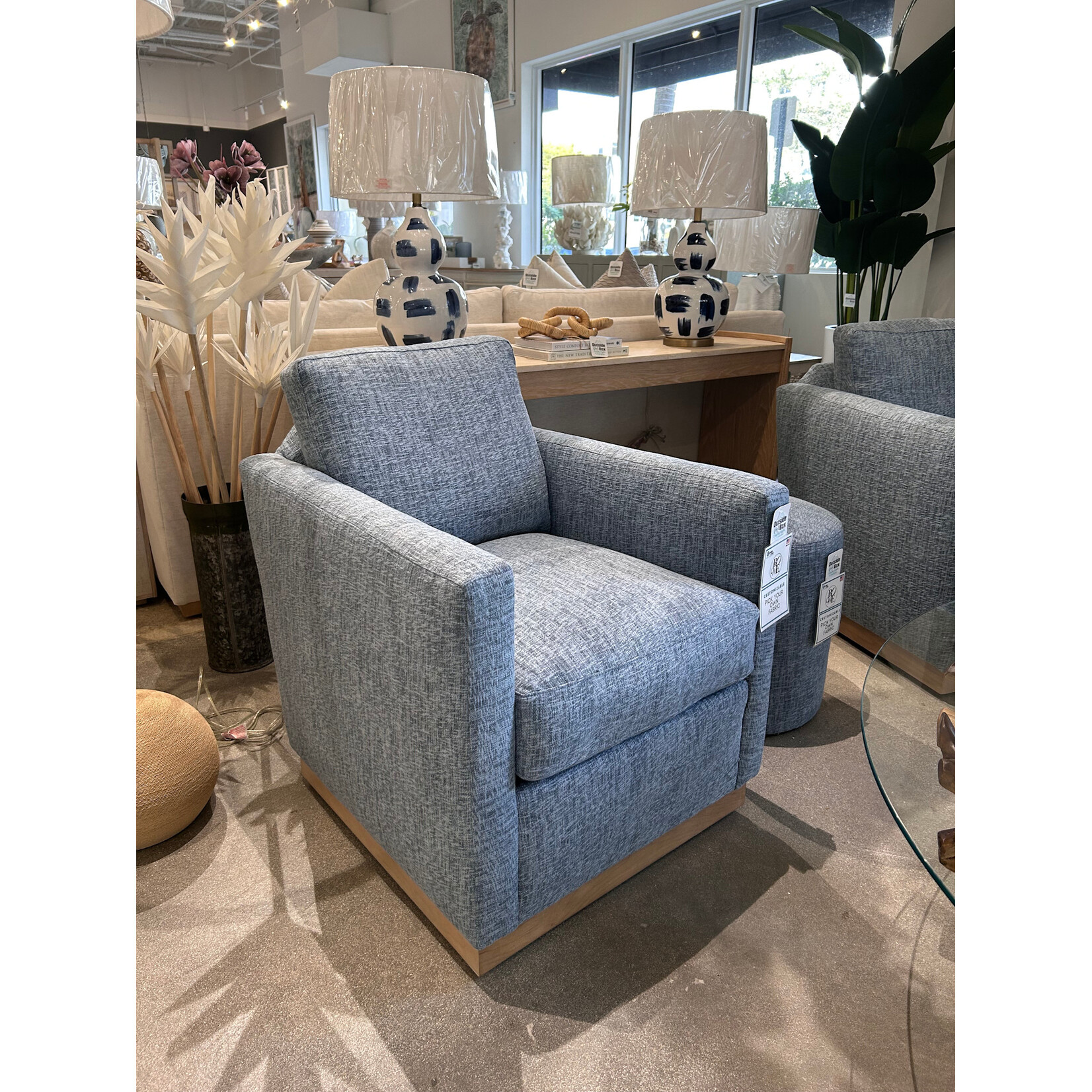 Outside The Box Alba Bone Blue Kid Proof Performance Fabric Upholstered Cloud Swivel Chair Washed Oak Base  BU104-02 (AA)