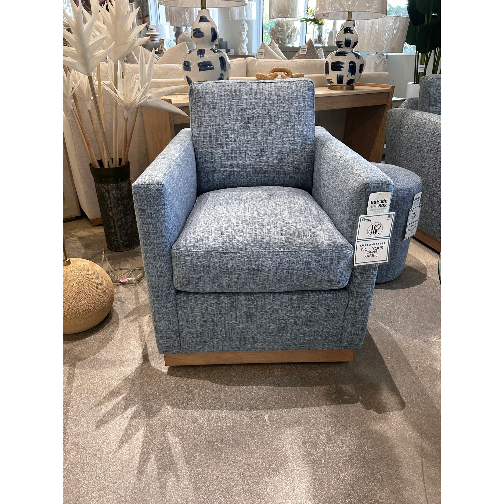 Outside The Box Alba Bone Blue Kid Proof Performance Fabric Upholstered Cloud Swivel Chair Washed Oak Base  BU104-02 (AA)