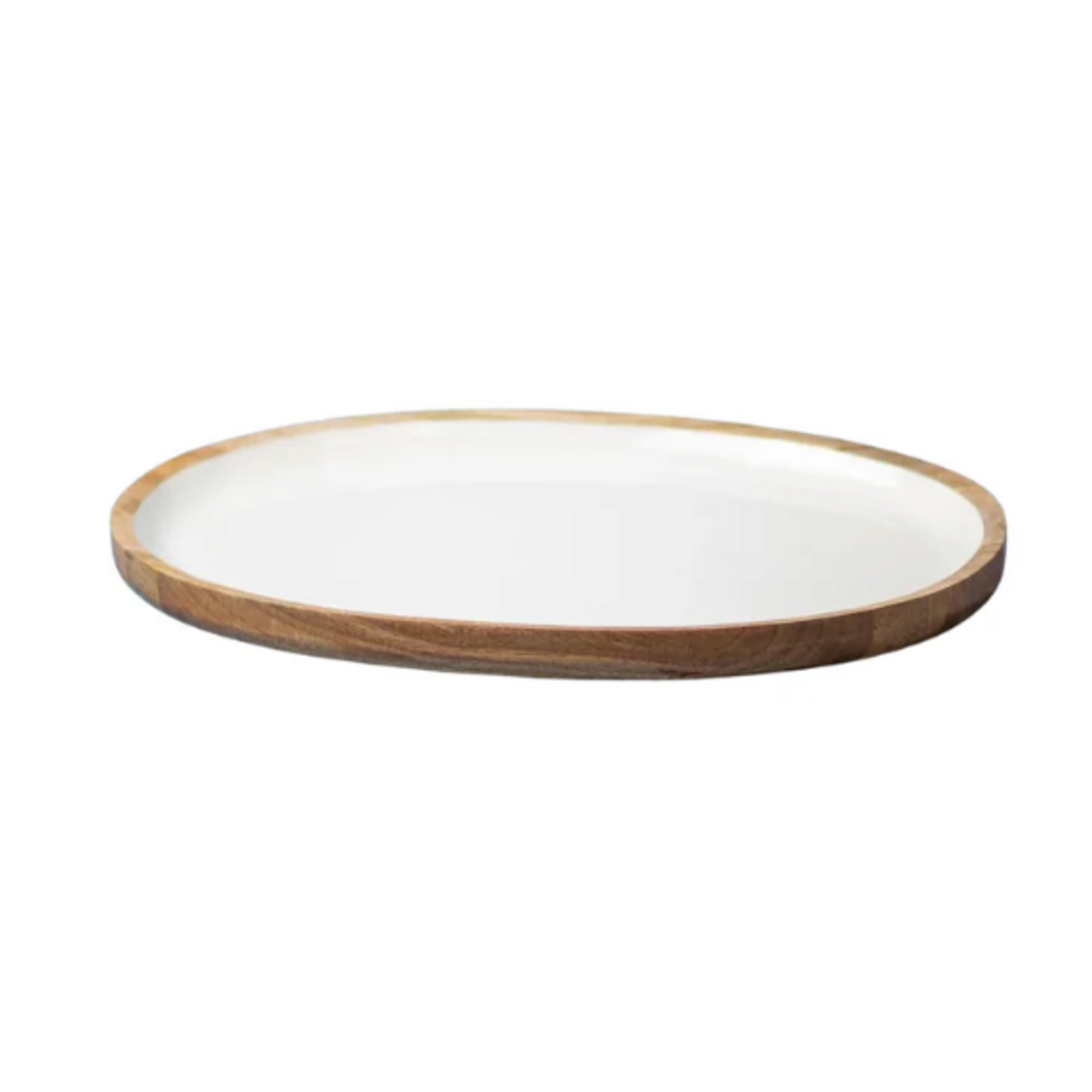 Outside The Box 15" Madras White Enamel & Mango Wood Round Platter