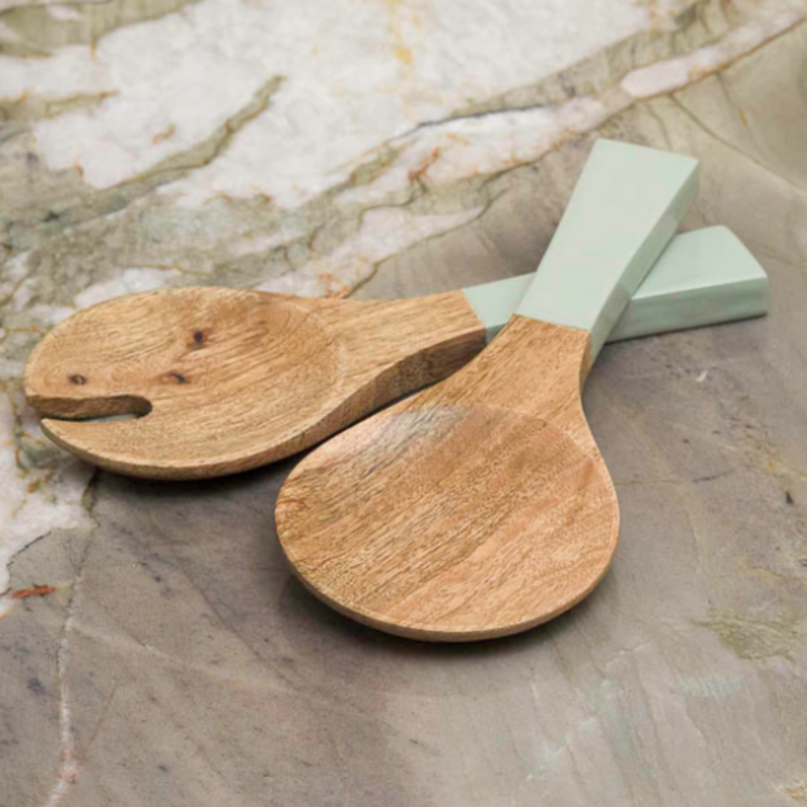 Outside The Box 14" Set Of 2 Madras Sage Enamel & Mango Wood Serving Utensils